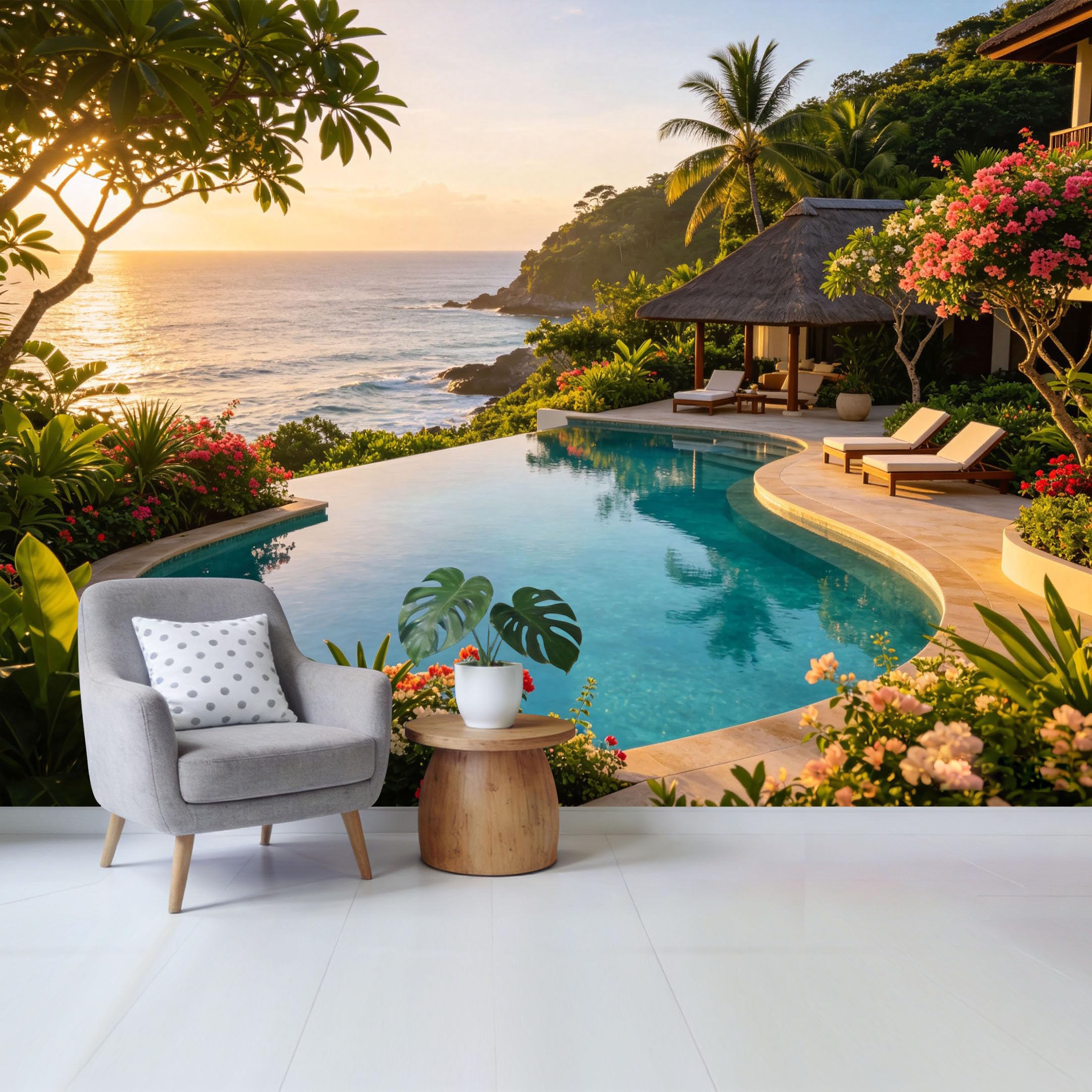 Qzlithotic Yq2605250197 Custom Size Wall Mural Tropical Sunset Infinity Pool Ocean View Botanical Coastal Landscape Selfadhesive Wall Fabric Removable Wallpaper For Home Office Decor