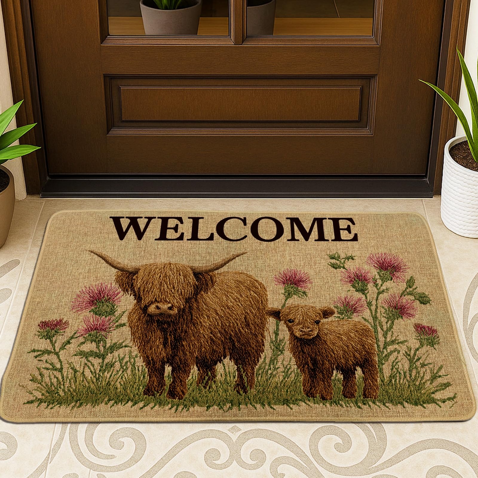 Highland Cow Doormat, Brown Welcome Mat with Calf for Outdoor & Indoor Rustic Decor, Non-Slip Dust Absorbent Floor Mats, Easy to Clean 29x17 Inch