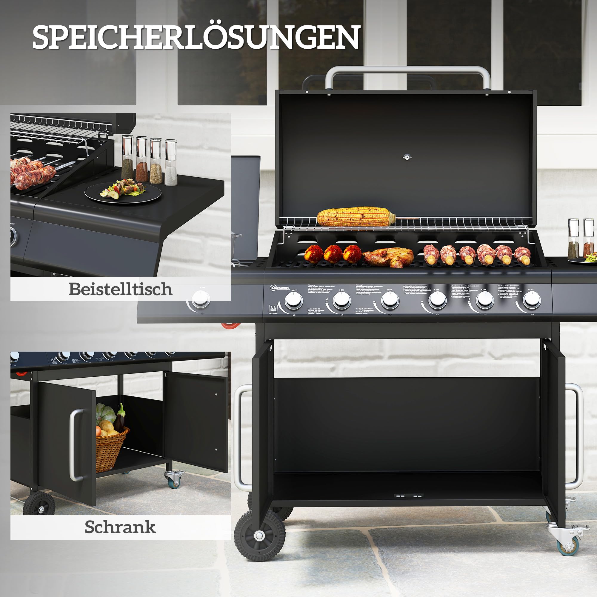 Outsunny BBQ A Gas 6+1 Bruciatori 18.6 KW – Griglia A Propano Con Termometro, Ripiani E Ruote, Per Giardino E Terrazzo, Nero Argento