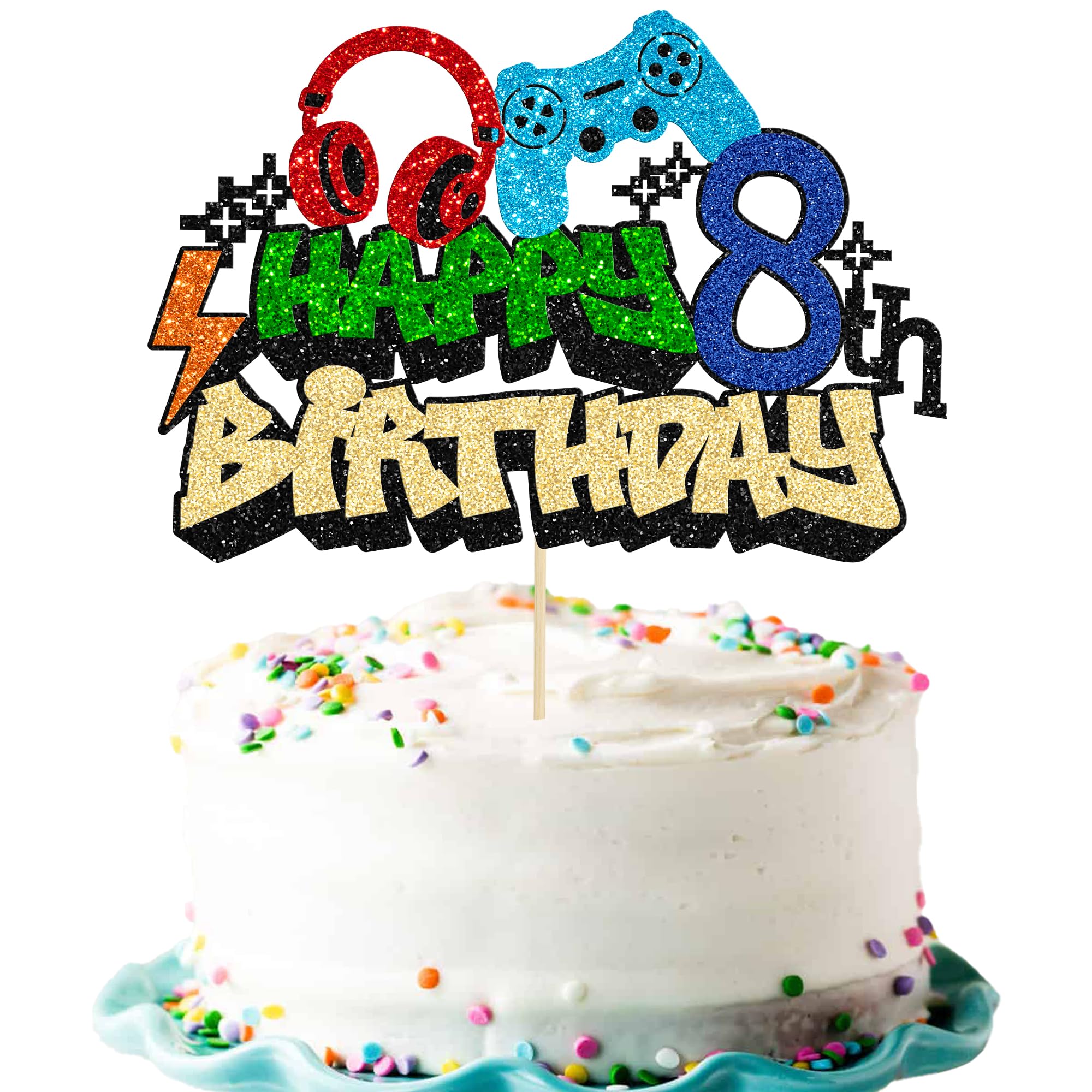 Gyufise 1Pcs Video Game Happy 8th Birthday Cake Topper Glitter Video Game Cake Pick Game On Controllers Tenth Cheers to 8 Years Cake Decoration for