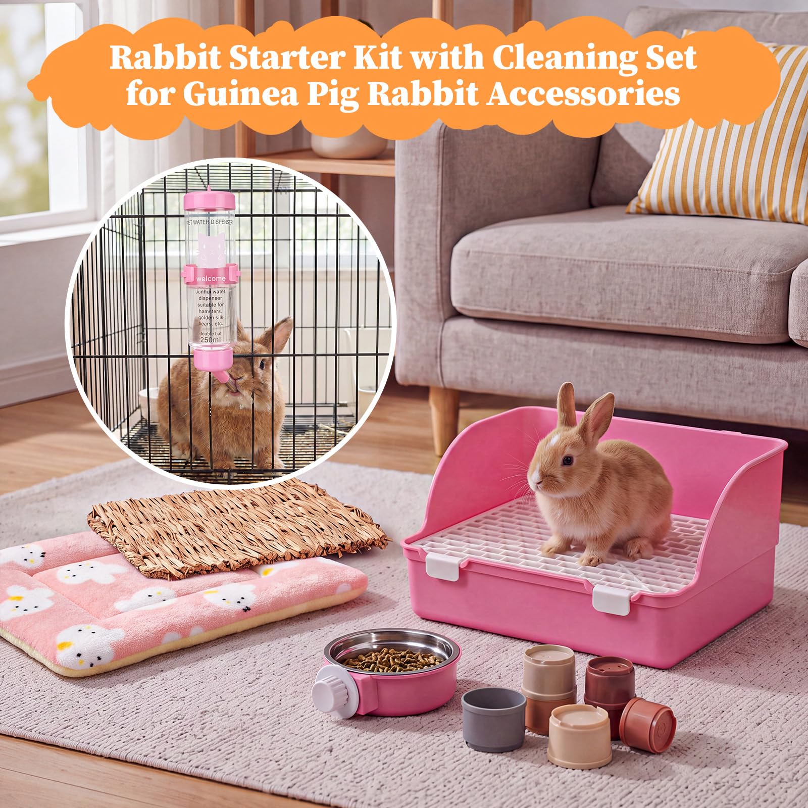 34-teiliges Kaninchen-Starter-Set, Kaninchentoilette, kleine Tier-Wasserflasche, Tassen, Hasentunnel, Tierpflegeset, Schüssel-Decke mit Reinigungsset für Meerschweinchen, Hasen (Stil 3