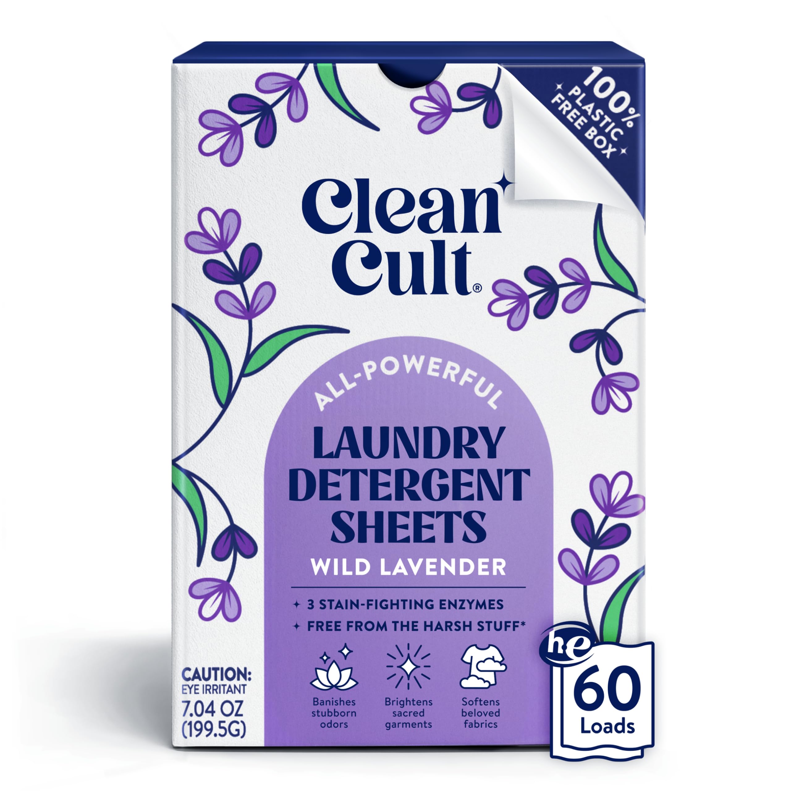 Cleancult Laundry Detergent Sheets - Resealable Box - 3 Stain Fighting Enzymes - Wild Lavender - 60 Loads - Free of Harsh Chemicals - No Mess - No Plastic Waste