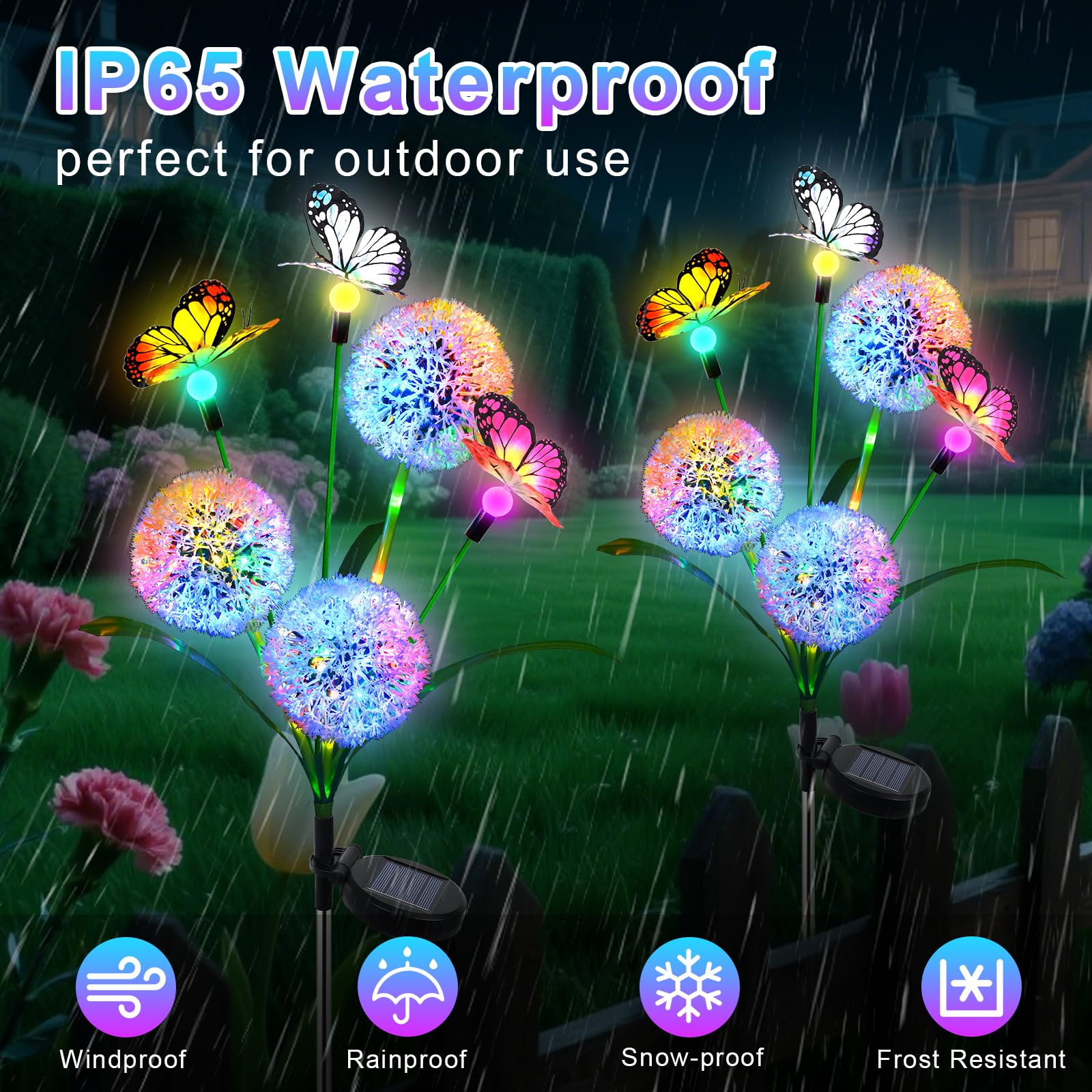 Solar Lights Outdoor Garden, 2 Pack Dandelion with Butterfly Lights, Waterproof Solar Powered Garden Pathway Light Outdoor - Image 4