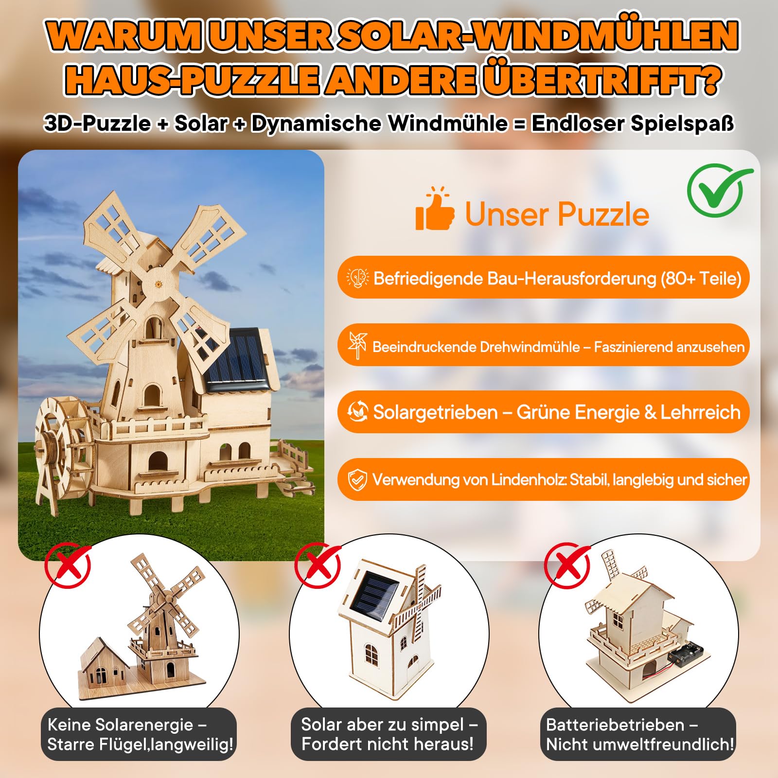Puzzle solaire 3D en bois - Kit de construction à monter soi-même sans outil - Roue à eau - Kit de construction de moulin à vent hollandais - Expériences de menthe pour enfants de 8 à 15 ans et