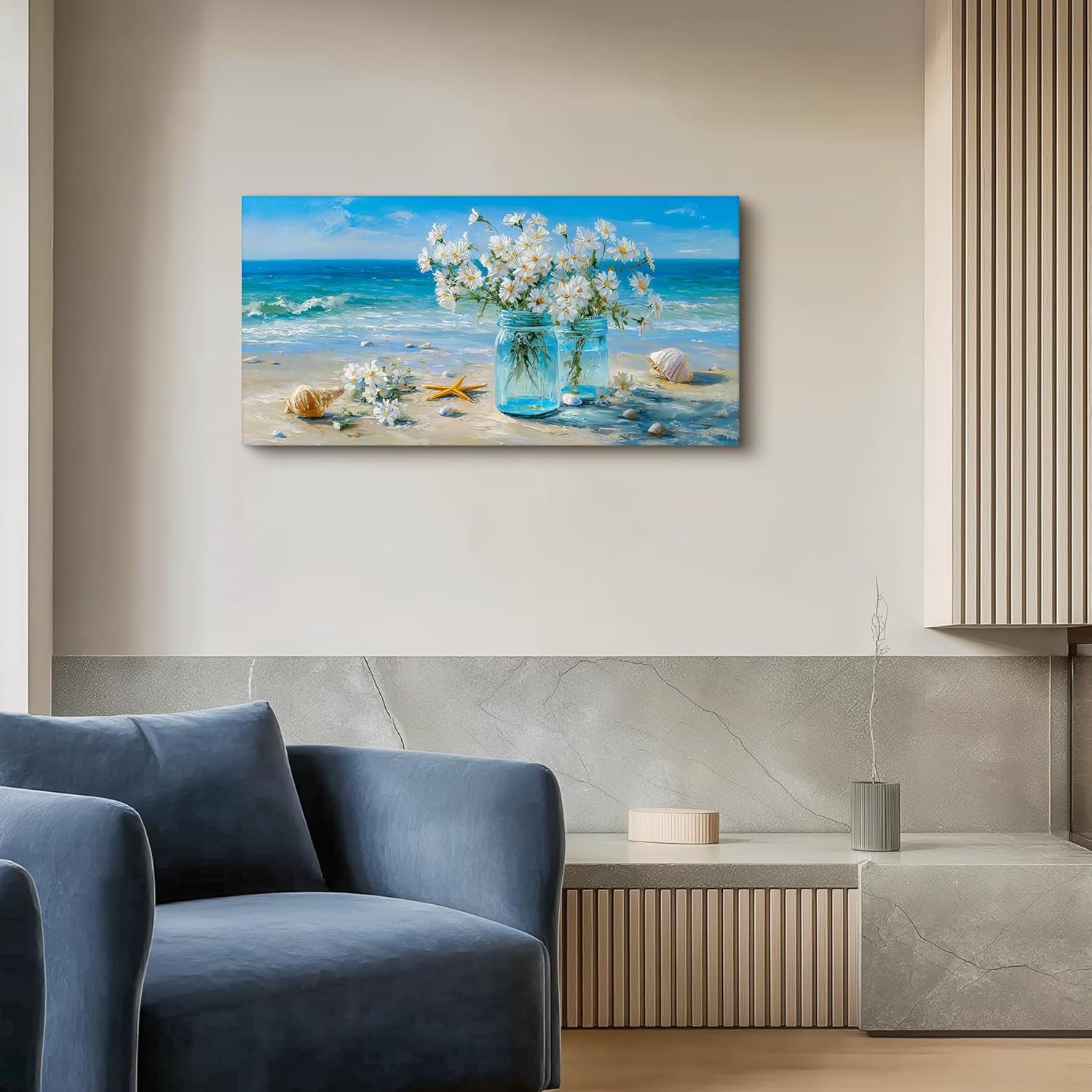 SLYCAY Beach Scene Canvas Large Wall Art Blue Ocean Landscape Prints, Teal Coastal Theme Bathroom Decor Florals Seashell Starfish Painting Pictures Living Room Office Bedroom Artwork 20"X40"