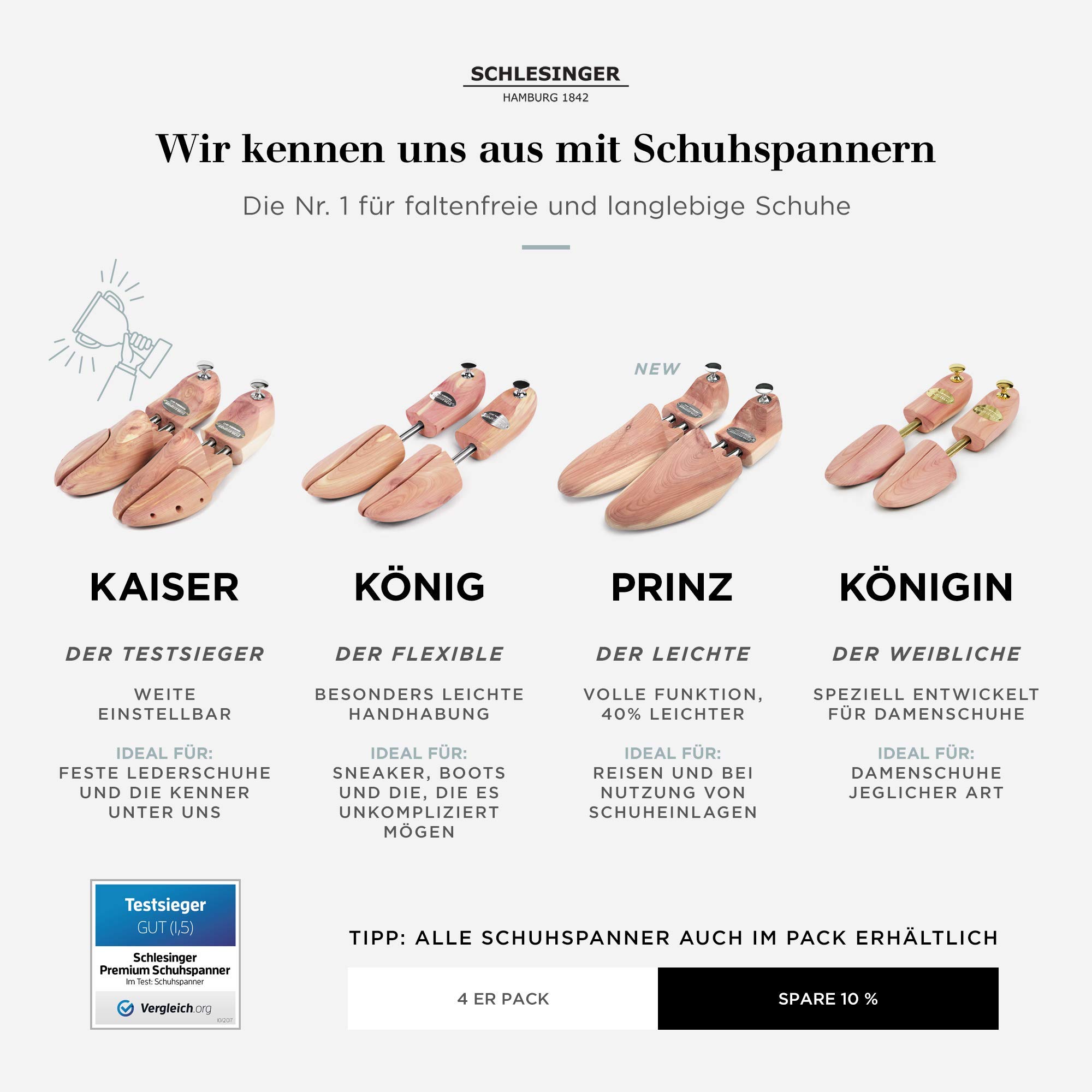 Schlesinger - Zwycięzca testu – męskie napinacze do butów premium ze szlachetnego drewna cedrowego dla optymalnej pielęgnacji butów – model Kaiser – w zestawie gratis e-book do pielęgnacji obuwia