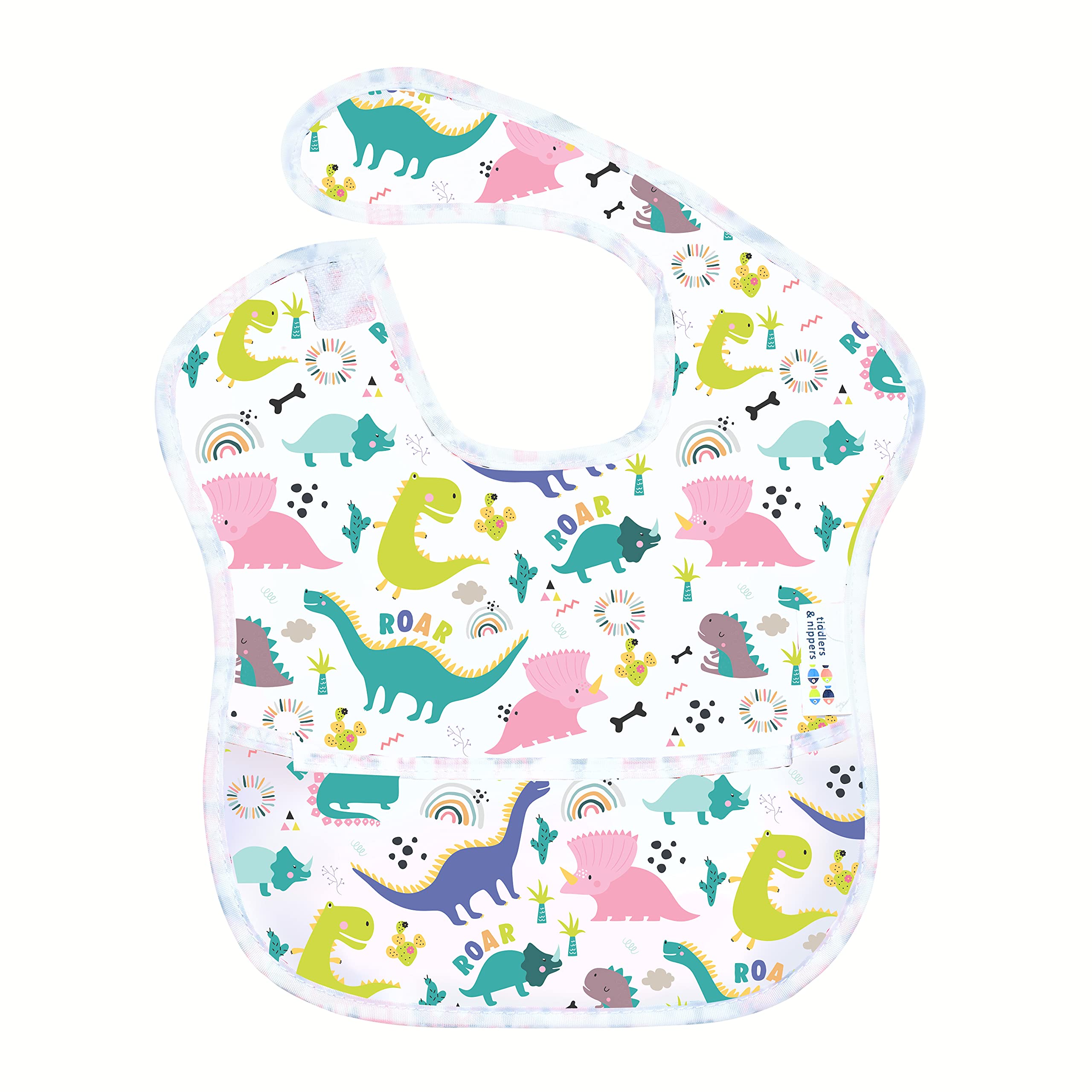 Tiddlers & Nippers 1X Dinky Dinos Tiddler Easy-Bib | For 6-36 Months | Waterproof & Wipe Clean | Integrated Spill Catch Pocket & Easy-Fit Adjustable Fasten | Lightweight & Machine Washable (1X Dinky Dinos)