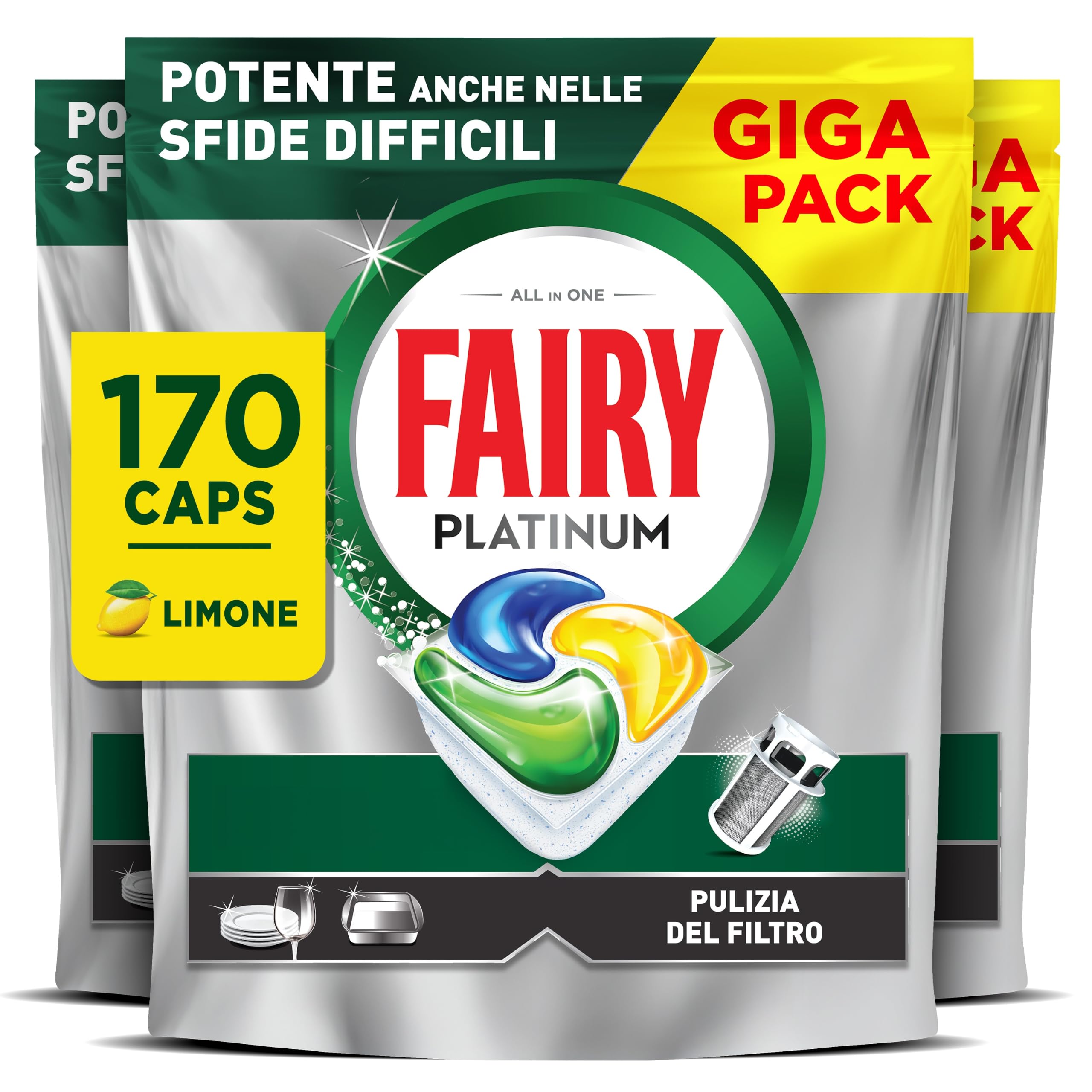 Fairy Platinum Pastiglie Lavastoviglie Tutto in Uno, 170 Caps, Limone | Detersivo in Capsule, Efficace su Grasso e Sporco Ostinato, Rimuove I Residui dal Filtro