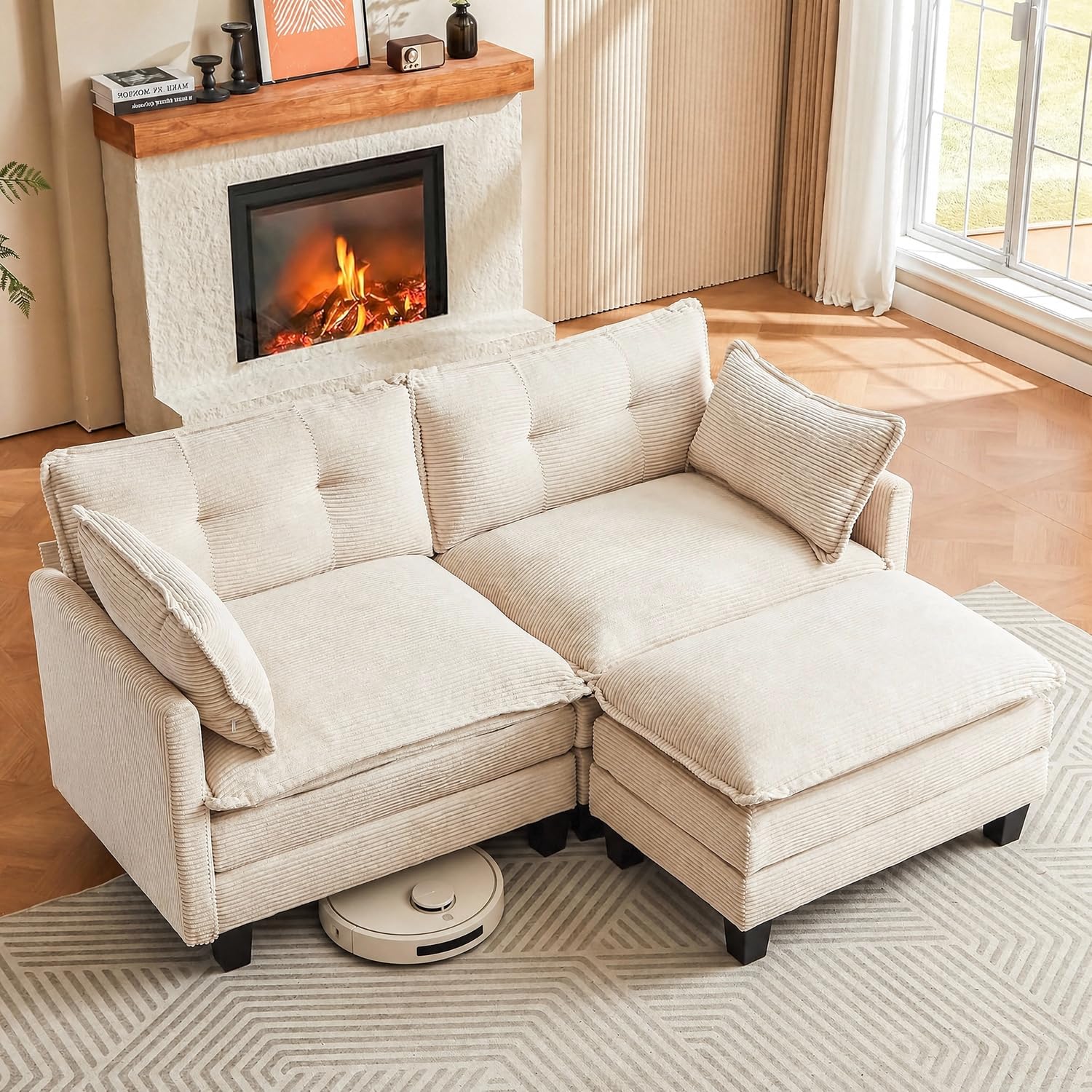 Amsleekey Beige Corduroy L-Shaped Modular Sectional
