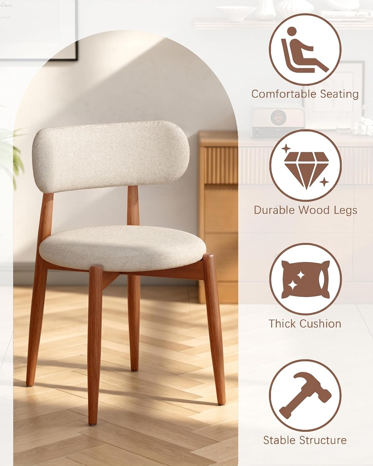Solid Wood Dining Chairs Set of 2, Mid‑Century Modern Round Seat Cushion Chairs with Extra‑Thick 1.6" Legs and Curved Back, Heavy‑Duty Kitchen & Dining Room Chairs, Beige