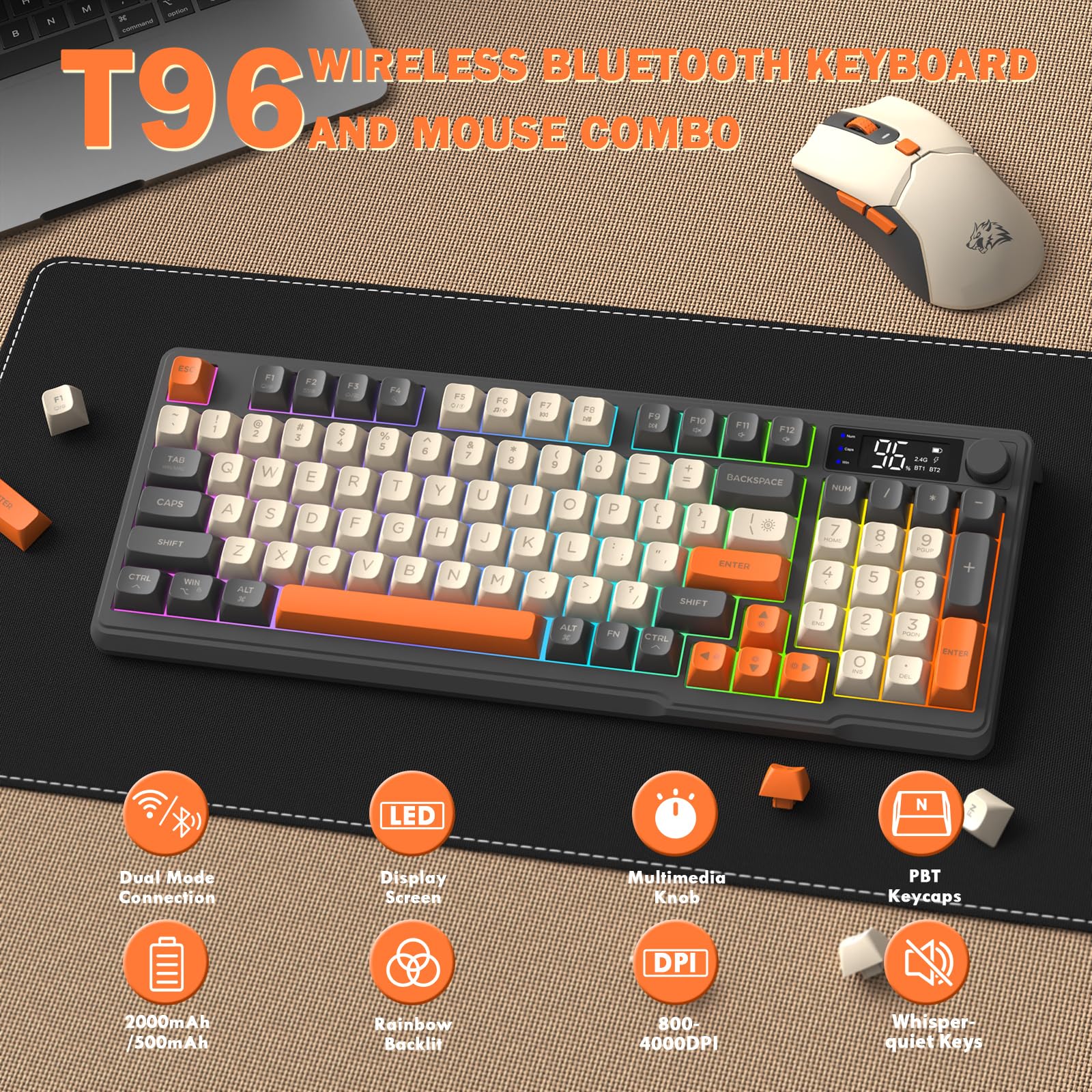FREEWOLF T96 Teclado y Ratón Inalámbricos, Bluetooth & 2.4G, Teclas PBT, Disposición QWERTY, Pantalla, Silencioso, Anti-Ghosting, Recargable, para Mac/Windows/Linux – Brillar