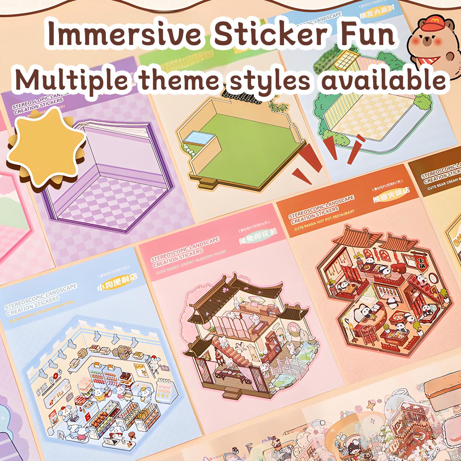 20 Sets DIY 3D Scene Stickers Kit,TopBine Scene Sticker Book 3D House Stickers Scene Kit,Suitable for Children and Adults Reusable Therapy to Adult Kids Relief Stress Pass The Time - Image 4