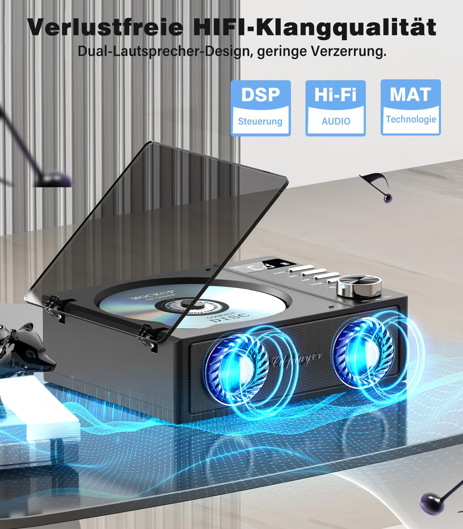 Greadio CD Player Tragbar mit Bluetooth 5.3, 4000mAh Wiederaufladbarer CD-Player mit Fernbedienung, HiFi-Sound-Lautsprecher, unterstützt USB, TF, AUX, LED-Display für Zuhause/Auto/Geschenk