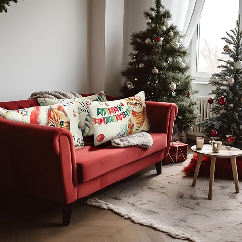Miniatura 5 de 6 fundas de almohada de Feliz Navidad de 12 x 20 pulgadas, fundas decorativas de casa de campo de gato, fundas de almohada decorativas de invierno