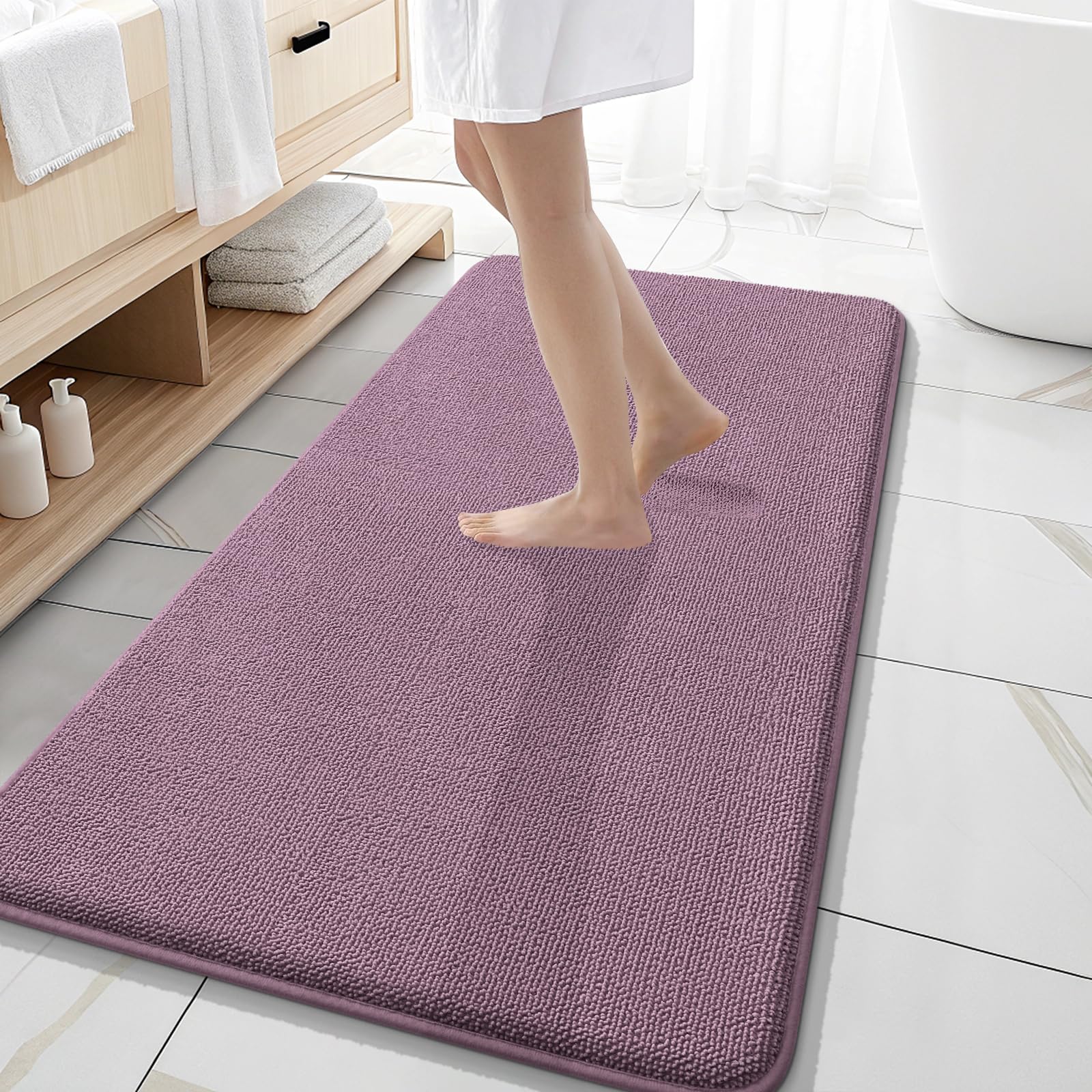 OLANLY Memory Foam Bathroom Runner Rug 47x20, Absorbent Long Mat, Deep Plum
