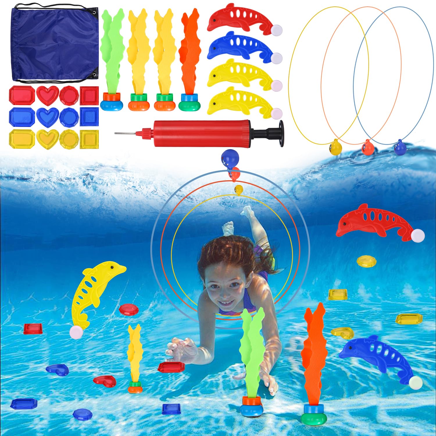 23 Piezas Juegos de Agua, Niños Entrenamiento de natación,Juguetes de Buceo Conjunto,Juegos de Agua con Bolsa de Almacenamiento,Juegos Piscina niños,Juegos Agua niños para niños de 5 a 12 años