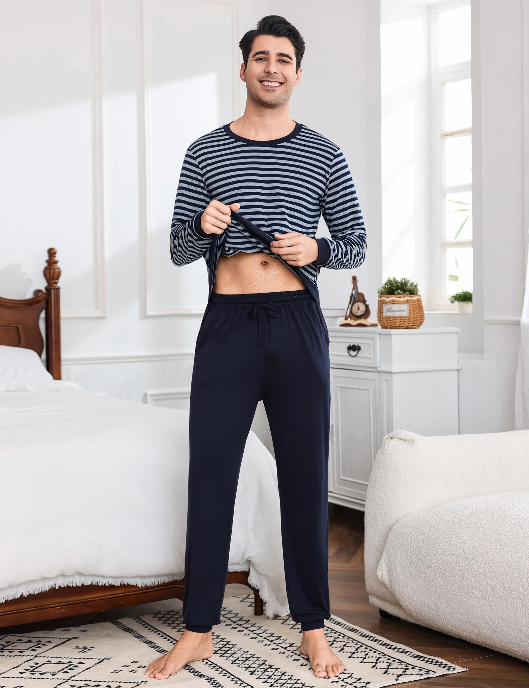 Bresdk Pigiama Uomo Lungo Cotone Pigiama Uomo Invernale Manica Lunga Pigiami Due Pezzi con Collo Rotondo e Strisce