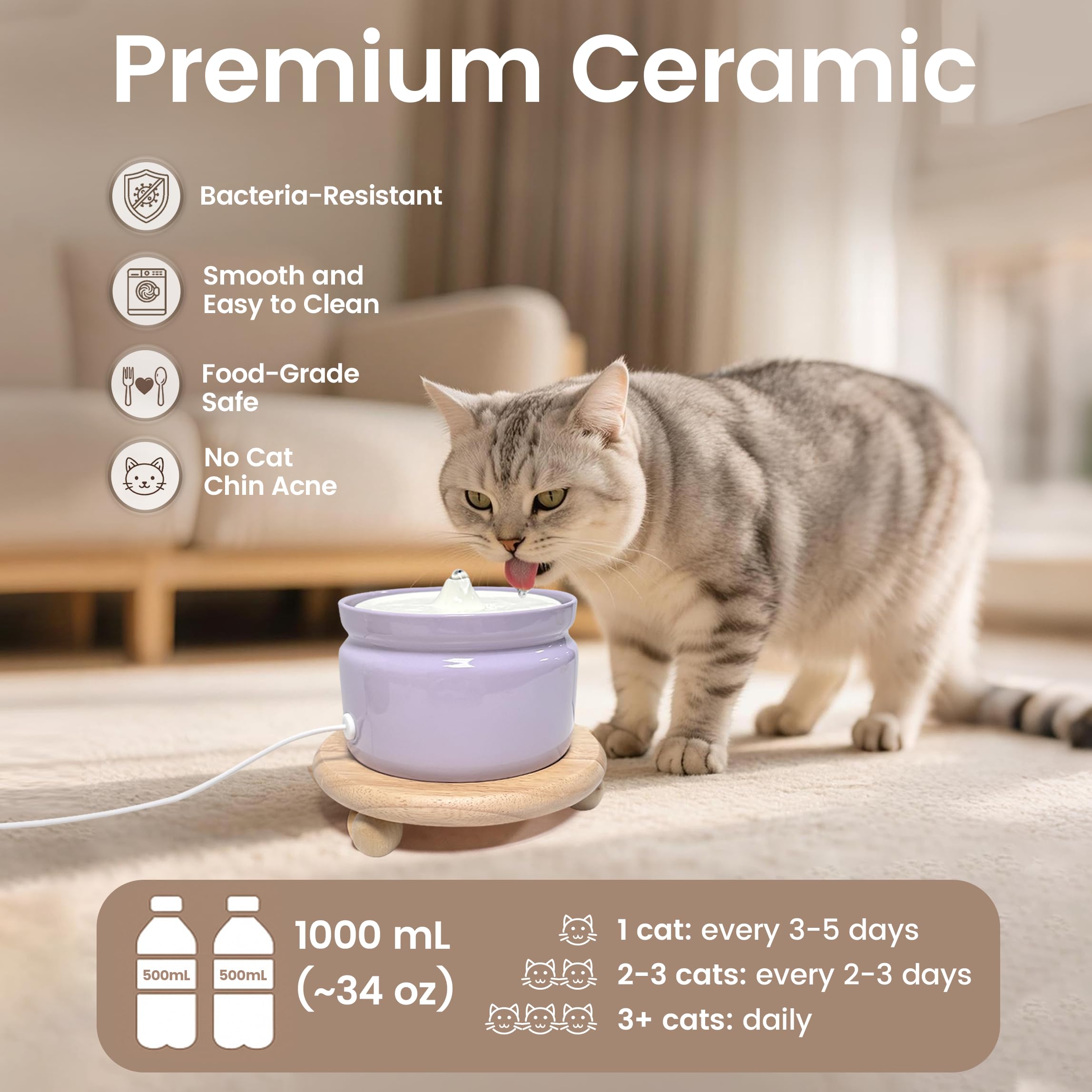 Hululu Ceramic Cat Water Fountain, 1L/32oz Automatic Pet Drinking Fountain with Quiet Pump & Triple Filtration, Durable BPA-Free Ceramic, Easy to Clean, Dishwasher Safe for Cats & Small Dogs - image 4