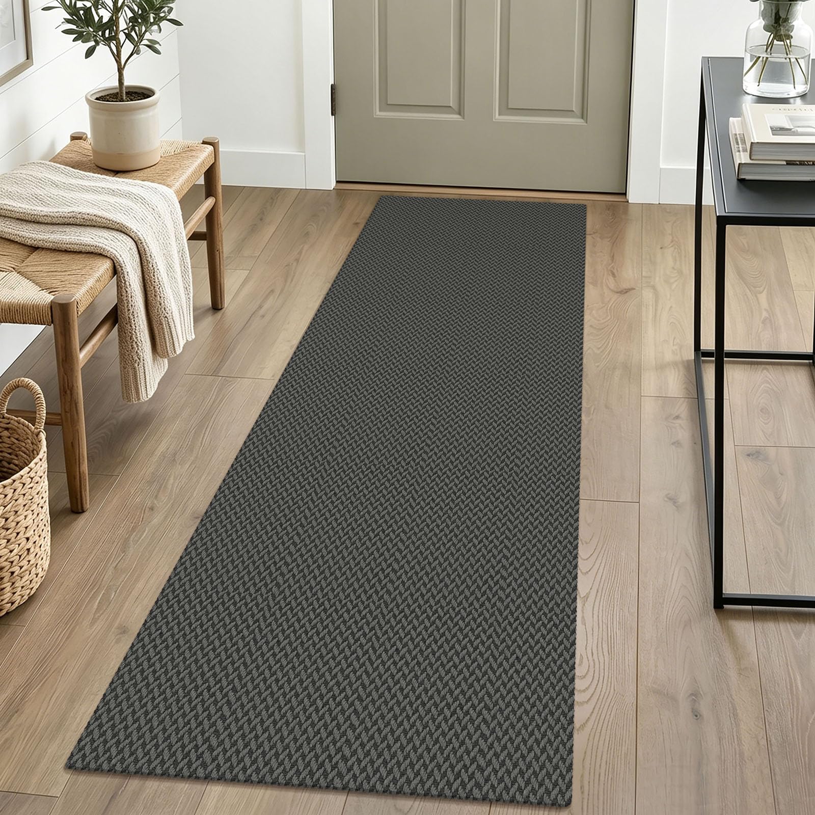 IOHOUZE Washable Runner Rug 2x6 Non Slip Runners for Hallways Entryway Runner Indoor, Kitchen Rugs Woven Cotton Floor Carpet for Kitchen Hall Entrance Bedroom, Grey/Black