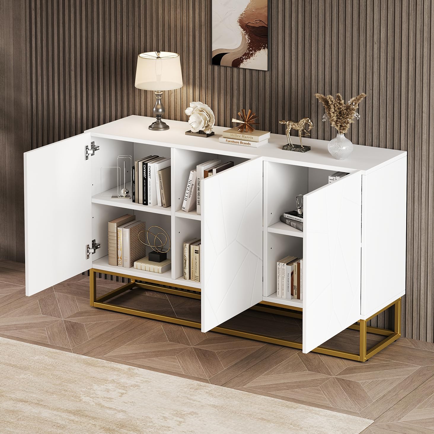 Merax Sideboard 130cm Breit, Moderne Küchenschrank mit 3 Türen, Hochglanz Buffetschrank mit Verstellbare Ablage, Küchenbuffet mit Designtüren, Metallbeinen, für Wohnzimmer Esszimmer Flur Eingang, Weiß
