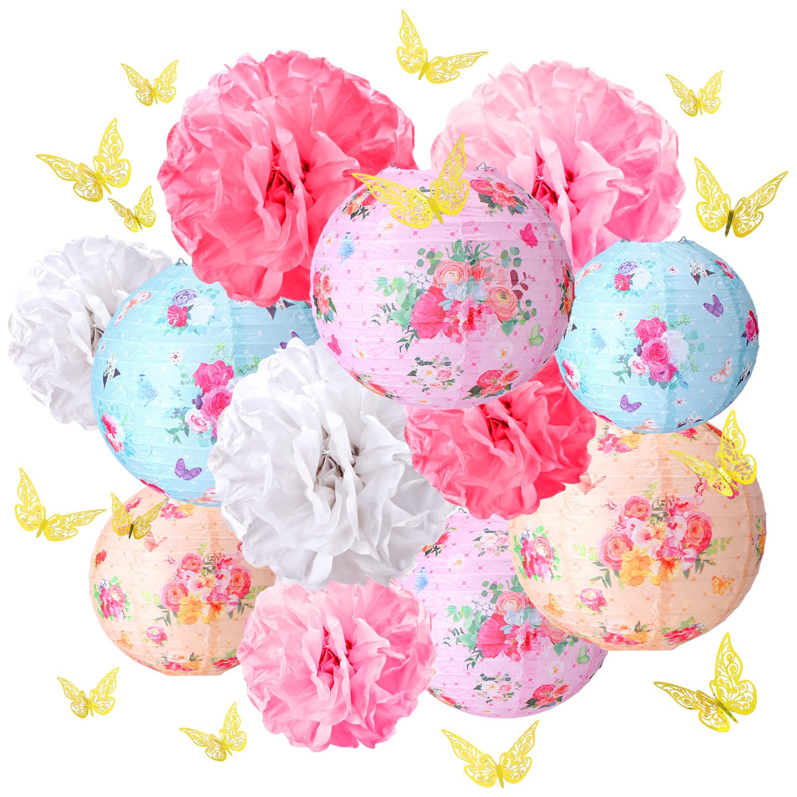 Rossesay 31 Pcs Tea Party Decorations Lanterns and Poms for Spring 9 Tea Floral Party Paper Lantern 9 Tissue Bloom Pom Pom 12 Gold Butterfly Thread for Floral Birthday Party Baby Shower Wedding Bridal
