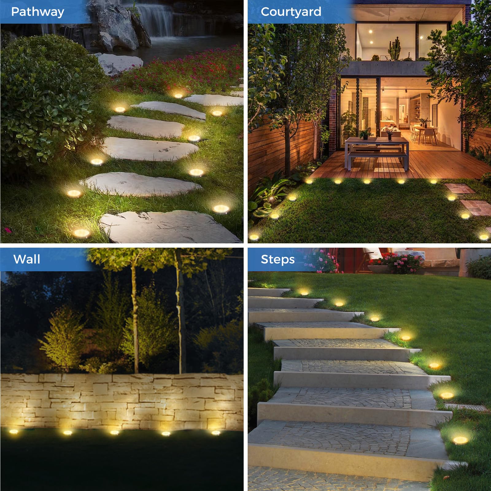 Peasur 12 Paquetes Luces Solares LED Exterior Jardin Suelo,8 LED Luz Solar Exterior Jardin, IP65 Impermeable Luces Solares para Patio, Camino, Césped, Blanco Cálido