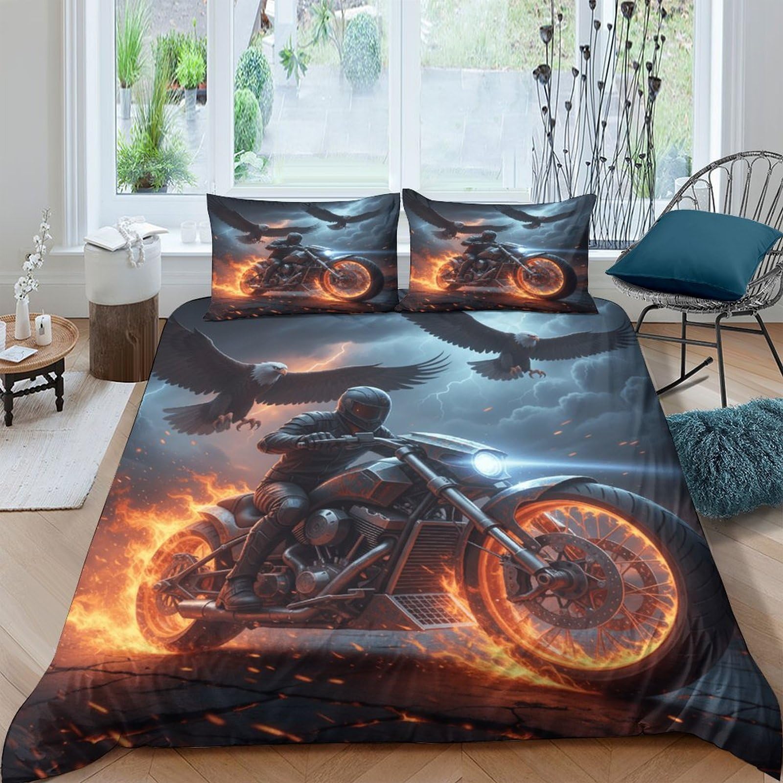 Ctjqhvkz Style-2 3D Printed Flaming Motorcycle Fitted Sheet Microfiber Soft Breathable Dark Rider Bed Cover For Bedroom Dorm Decor Single（135X200cm）