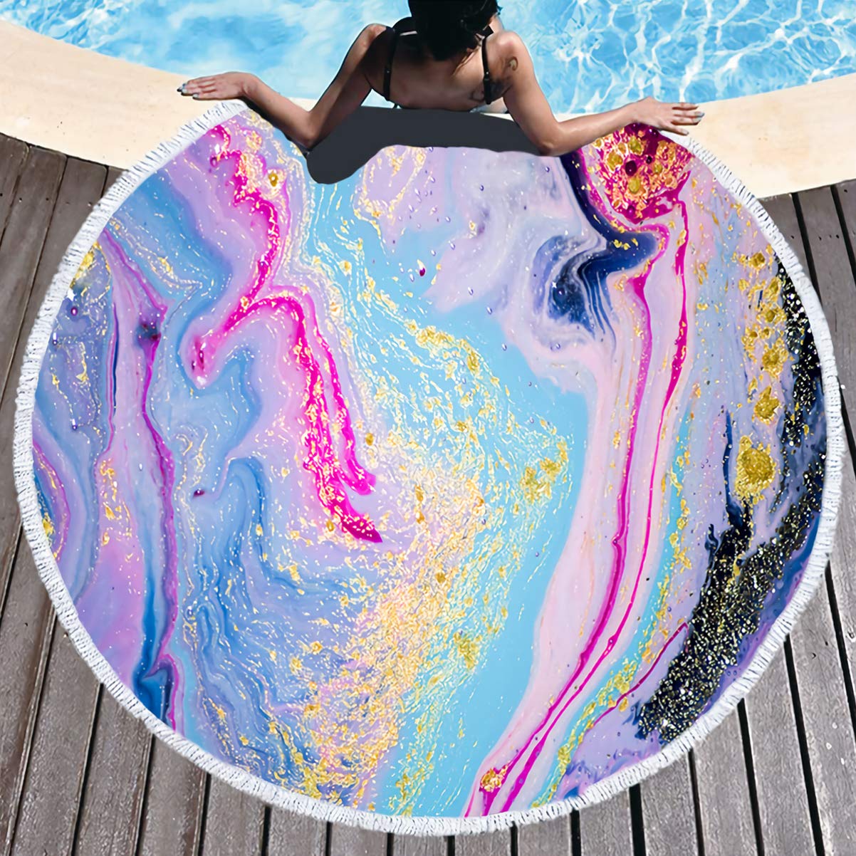 Cabilock Toalla de Playa Redonda Estampado de Mármol para Ducha Baño y Yoga con Borlas de Decoración