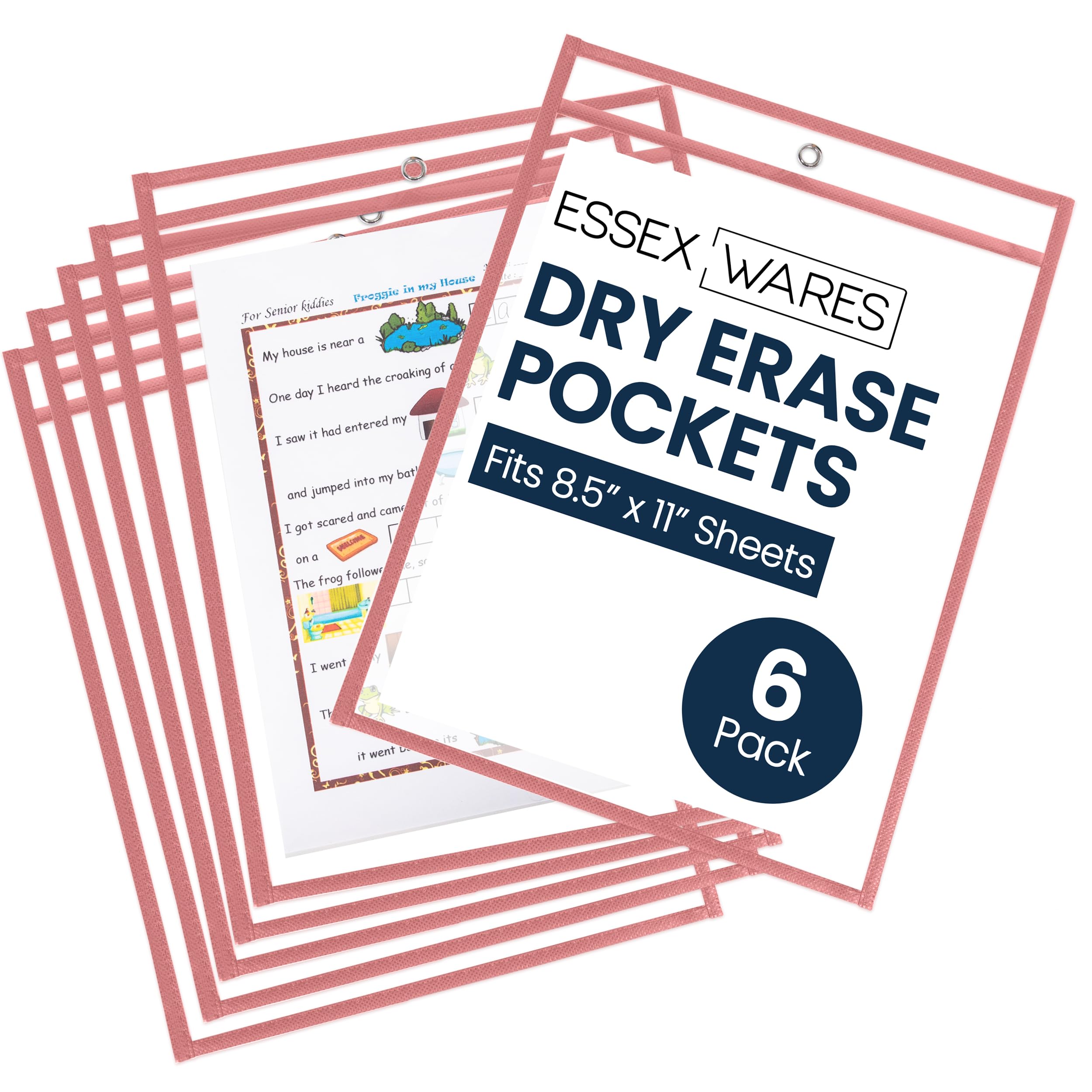 Essex Wares - 6 Pack, Peach, Durable Water-Resistant Dry Erase Pocket Document Protectors, 10" Wide x 13.5" Tall - Dry Erase Clear Plastic Sleeves -