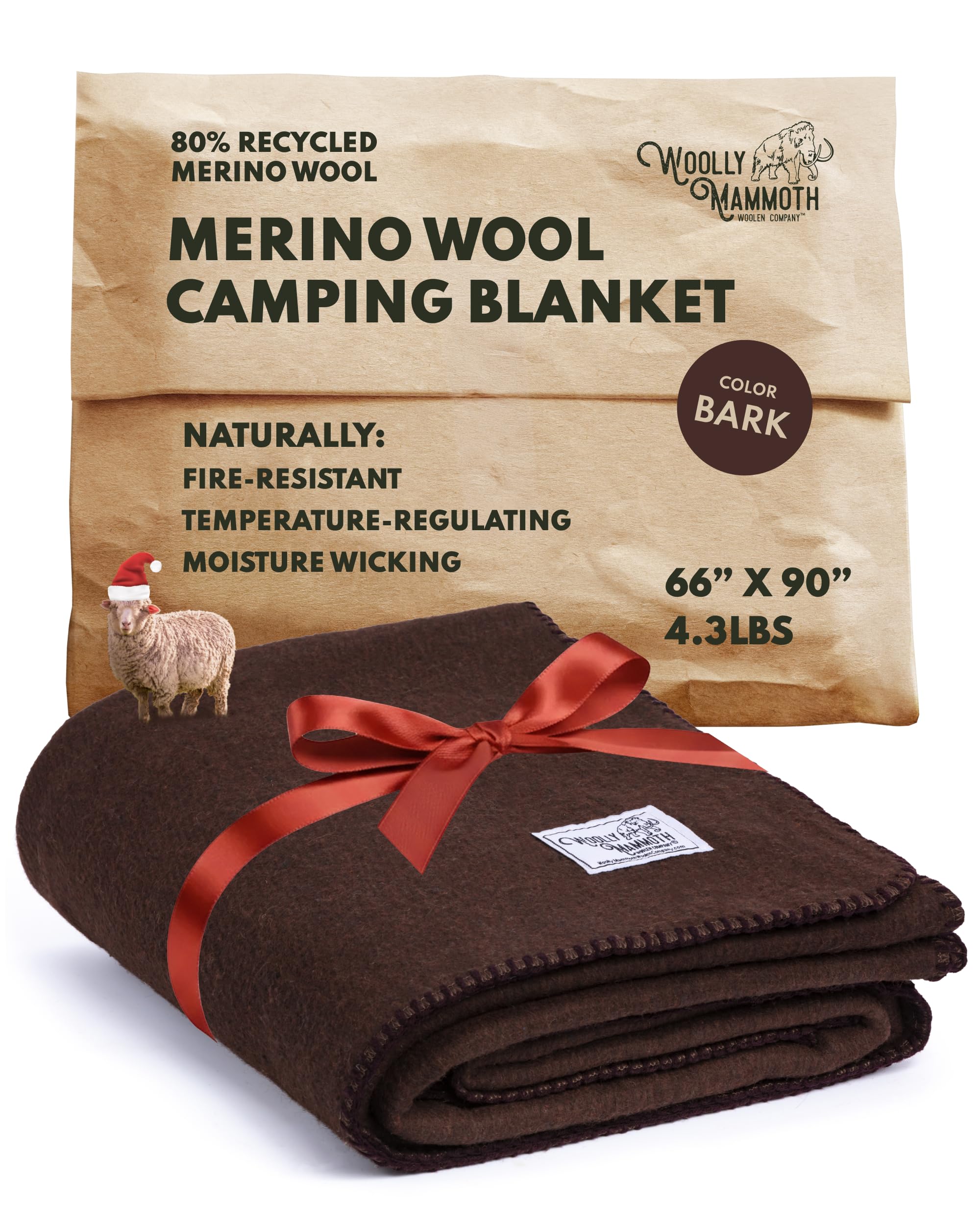 Woolly Mammoth Woolen Company Wool Blanket - 66 x 90 in, Bark, 80% Merino Wool - Camping Blankets for Cold Weather - Double-Stitched Durability for Overlanding, Hunting, Emergency Kits, Bushcraft
