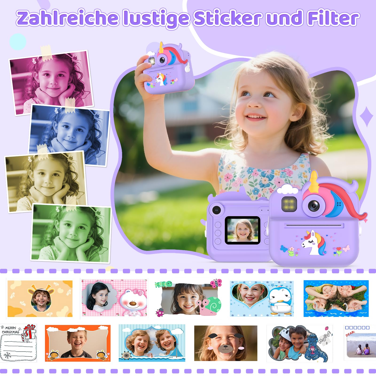 Fippesax Sofortbildkamera Kinder, 1080P HD Kinderkamera Sofortbildkamera mit 32-GB-Karte, 48MP Selfie Kamera Kinder Sofortdruck, Kinderspielzeug Geschenke für Mädchen & Jungen von 3-12 Jahren