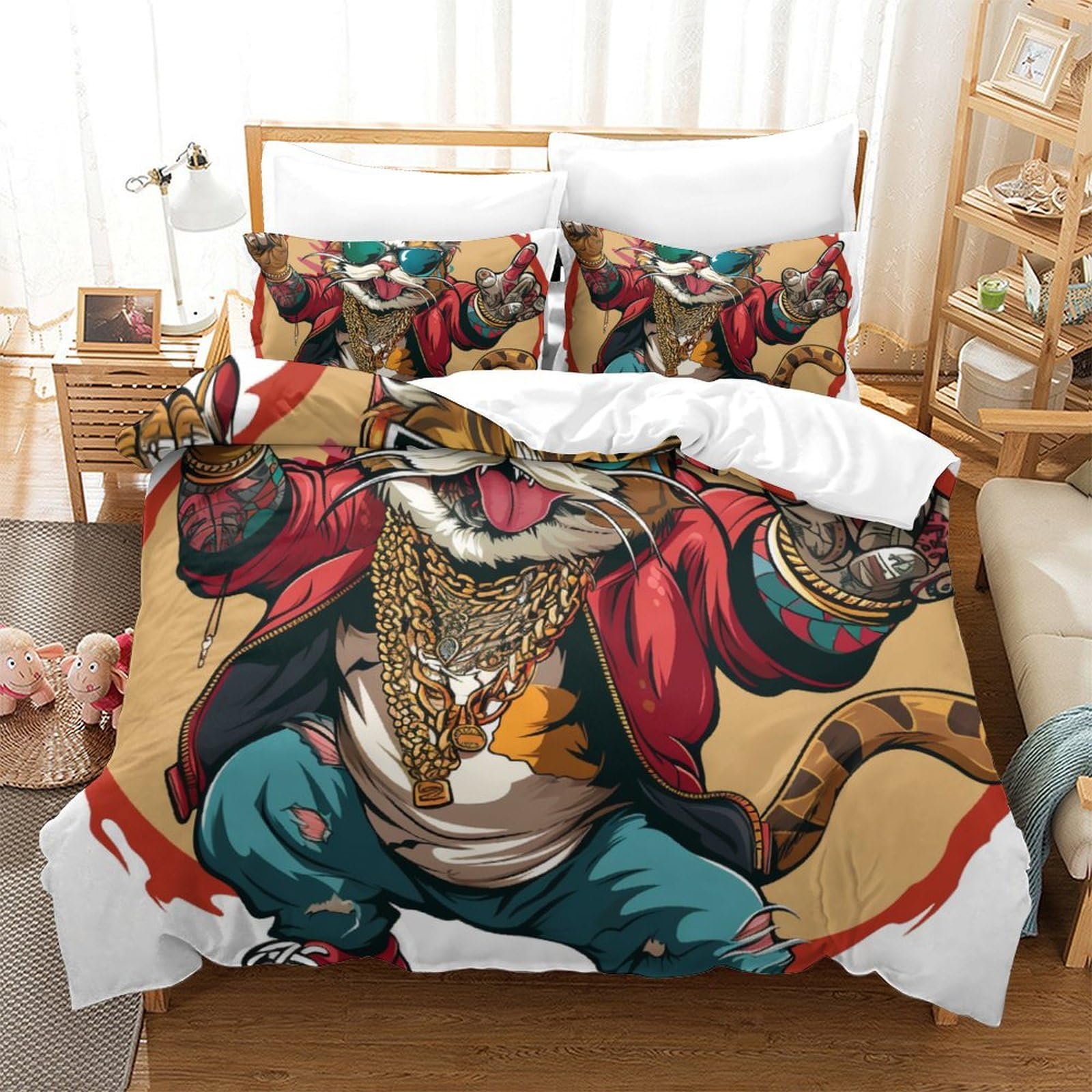 Parure de lit 260x220 chat 3D avec housse de couette zippée et taies d'oreiller