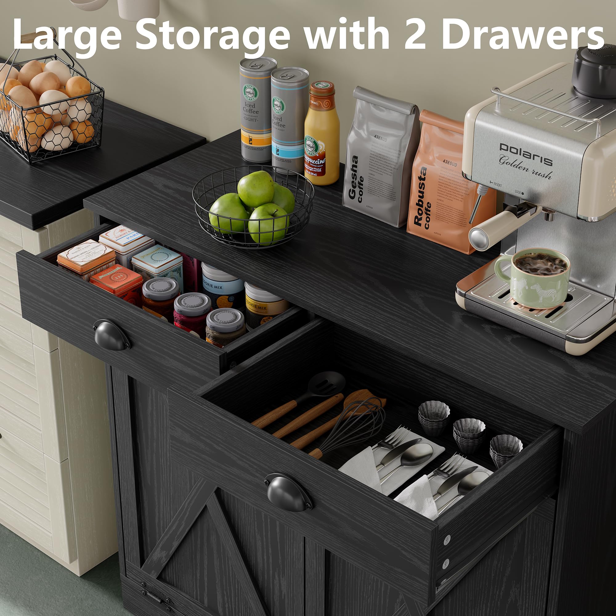 Furnihold Küchenschrank für Mülleime, Kücheninsel Küchenkommode mit Arbeitsplatte & 2 Schubladen, Holz-Farmhaus 2x37 L Mülleimer-Schrank für die Küche, Schwarz