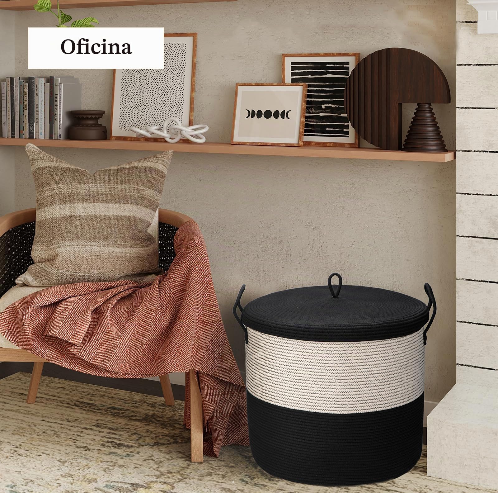 XXXXL - Cesta de cuerda de algodón extragrande con tapa, 53,3 cm de ancho x 45,7 cm de alto, cesta de manta rígida gruesa para sala de estar, cesta grande de almacenamiento tejida para