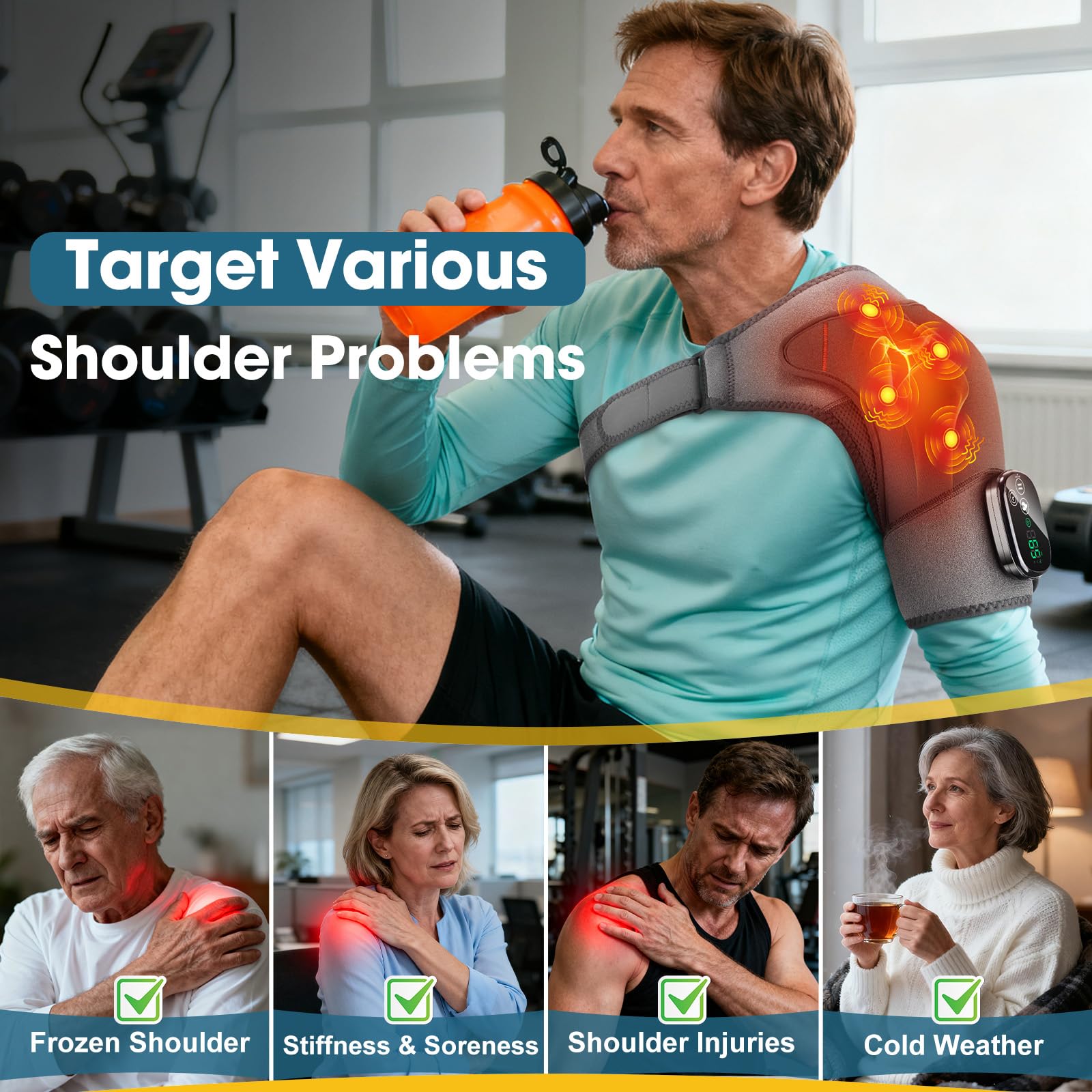 Kabellose Beheizte Schultermassageauflage, Tragbare Schulter-Heizbandage Mit Touchscreen-Steuerung, 5 Heizstufen, 5 Vibrationsmodi, Timer, 5000mAh Batterie Und 4 Motoren, Auf Linke/Rechte Schulter