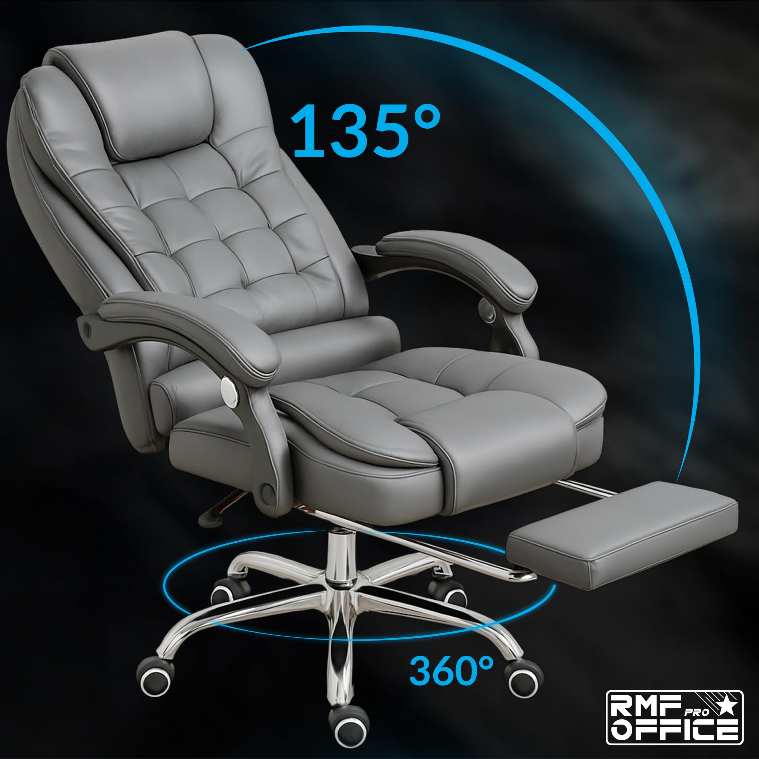 RMF Fauteuil de Bureau Ergonomique Inclinable avec Repose-Pieds, Chaise de Bureau Confortable avec Roulettes Pivotantes et Hauteur Réglable Gris