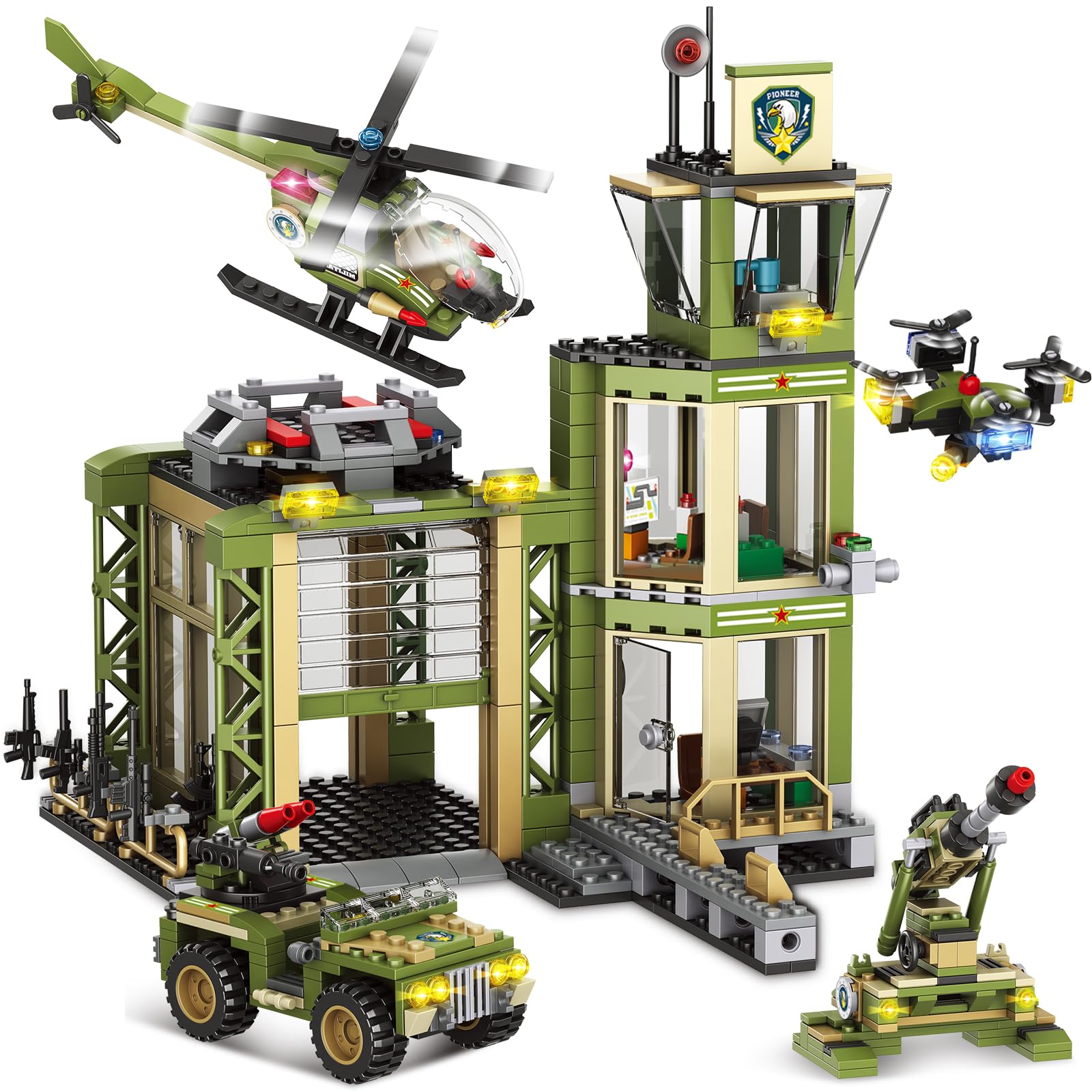 INRATELLCity War Military Base Army Scouting Tower Building Blocks Set - Military Cannon, Combat Vehicle, Helicopter, Creative & Roleplay Army Toy for Kids, Boys Ages 6+ (677 Pieces)