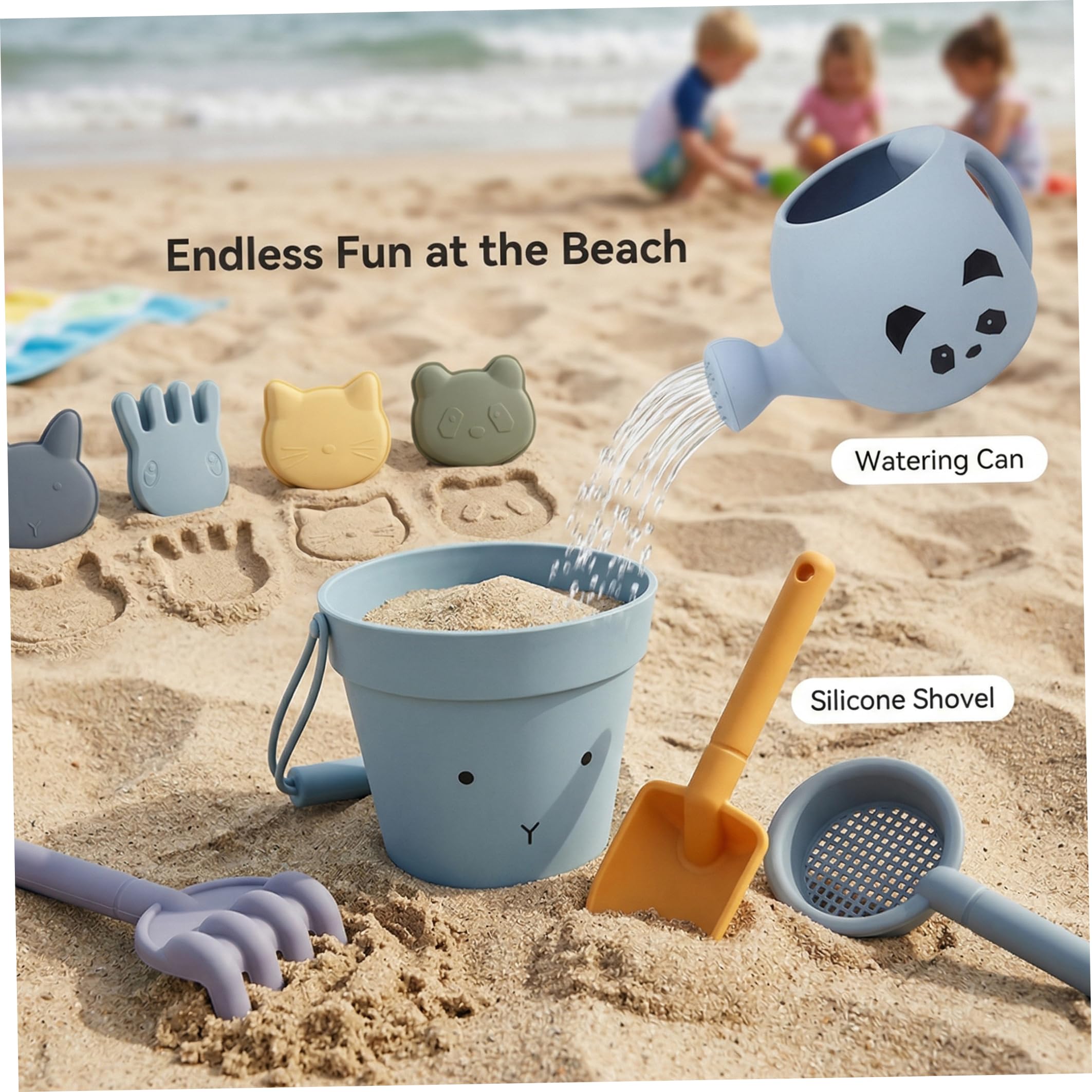 Set di giocattoli di sabbia in silicone Set di 9 pezzi di giocattoli da spiaggia di design di coniglio per bambini Kit di giochi d'acqua con sabbia interattivi per i genitori Divertimento all'apert