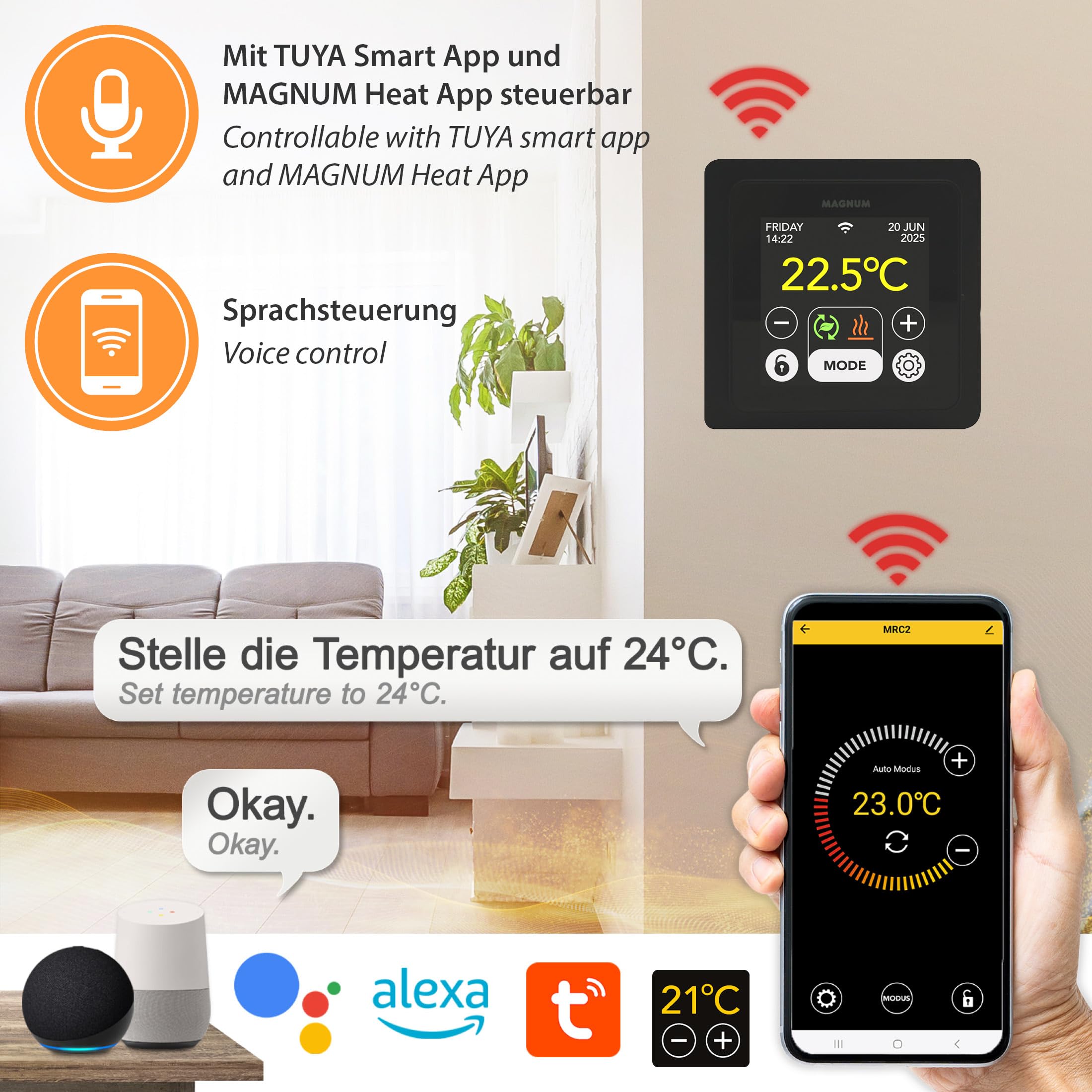 MRC - Termostato intelligente WiFi, con sonda a pavimento per riscaldamento a pavimento, riscaldamento elettrico, convettore Tuya Smart App