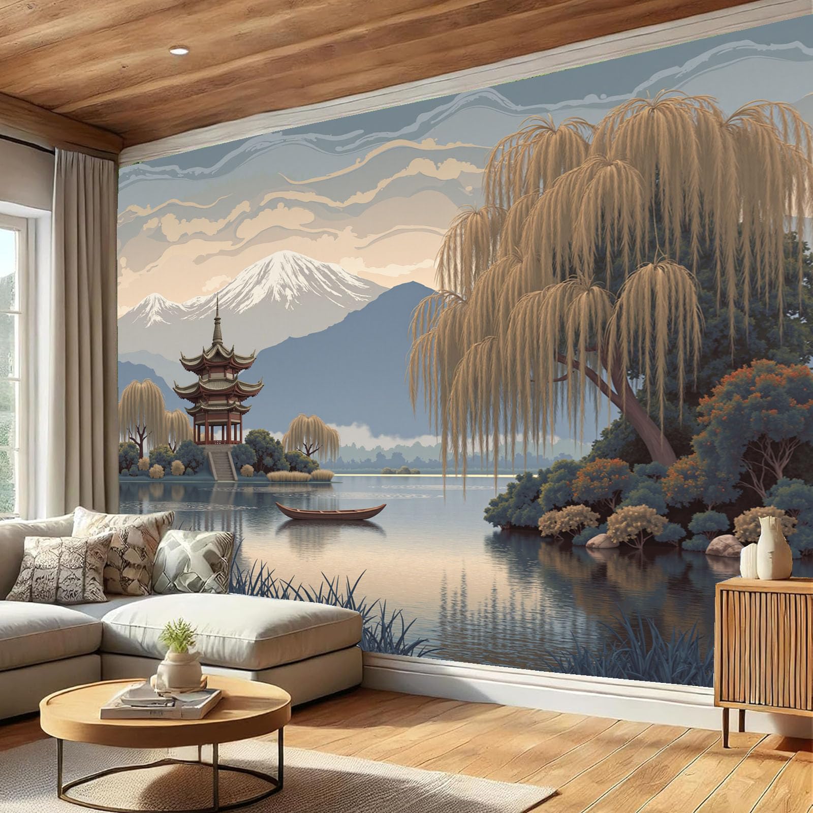 Papel Pintado 3D Río Pabellones Sauces Llorones 250Anx175Al cm Fotomurales Tejido No Tejido, Paisaje Papel Tapiz Grande Murales Fotográfico Moderno Decoración de Paredes