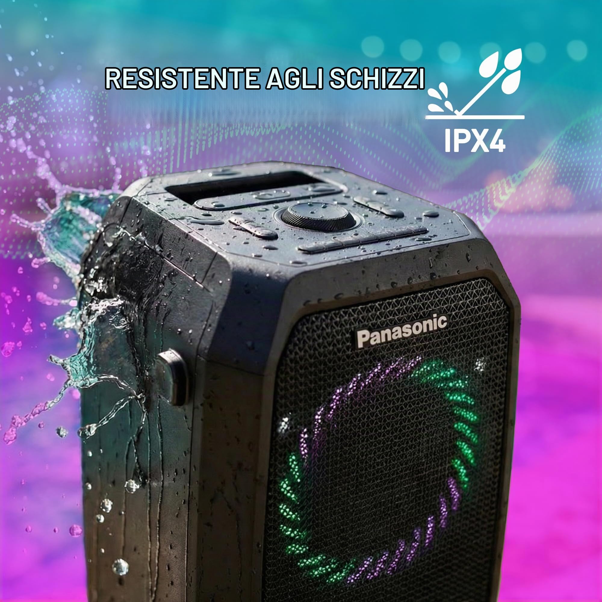 Panasonic SC-BMAX30 Altoparlante Portatile per Feste Bluetooth, Luci Integrate, Porta Bass Reflex, 320W, 14h Autonomia, USB, IPX4, Ingressi Chitarra e Microfono per Karaoke, Nero