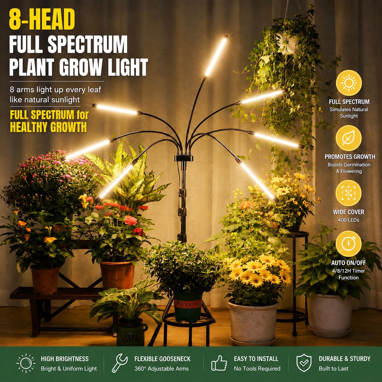 Luces de cultivo para plantas de interior, luz de crecimiento de espectro completo 8 en 1 para cultivo en interiores con soporte de trípode, sincronización de encendido/apagado automático 4/8/12