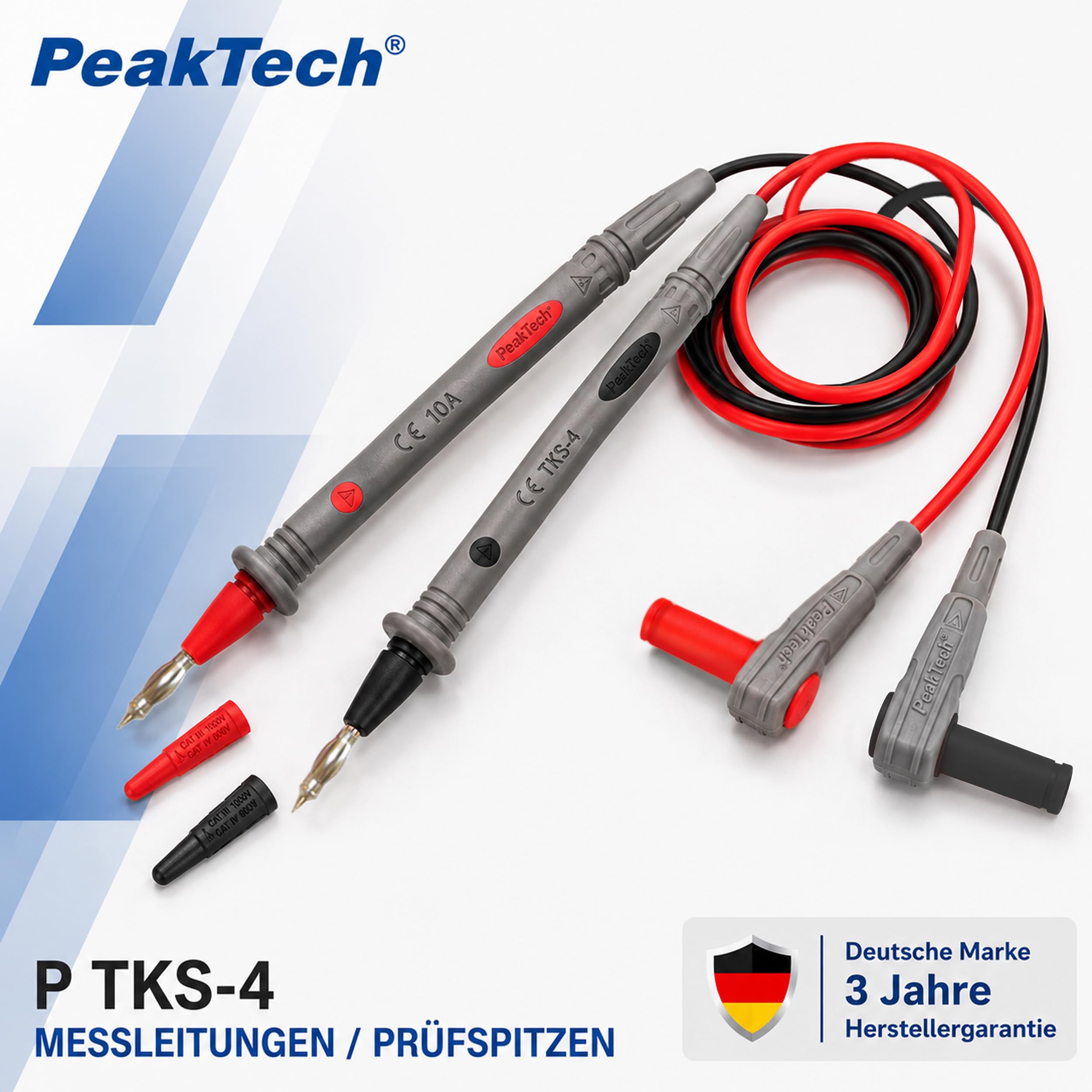 PeakTech 1 para elastycznych przewodów pomiarowych do multimetru, 120 cm, 4 mm przewody kontrolne, 1000 V AC/DC, 10 A, CAT III / IV, 1 sztuka, TKS-4