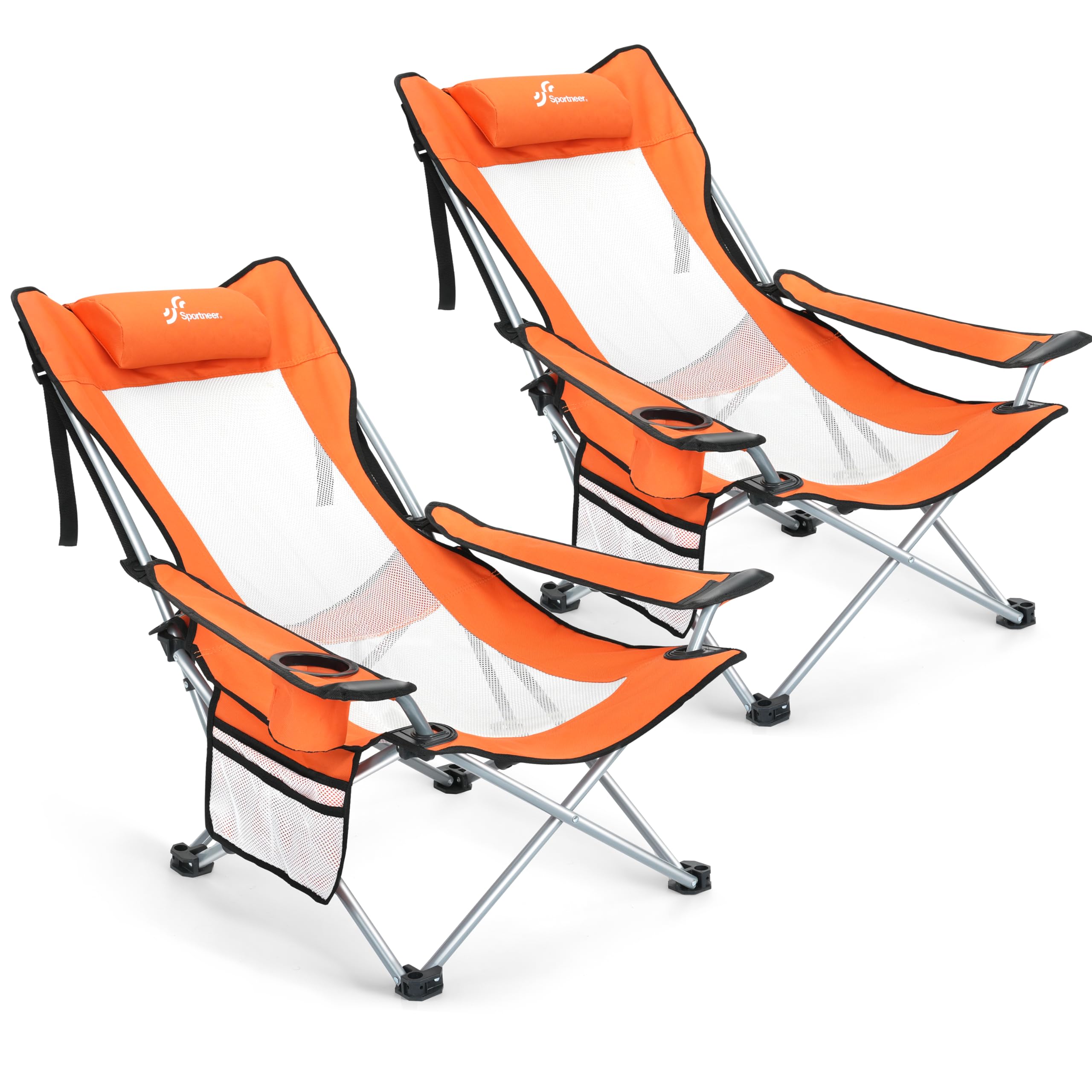 Sportneer Folding Beach Chairs for Adults, Camping Chairs Adjustable Reclining Chairs Portable Foldable Beach Chairs with Cup Holder for Beach Camping Sports Concerts Outdoor