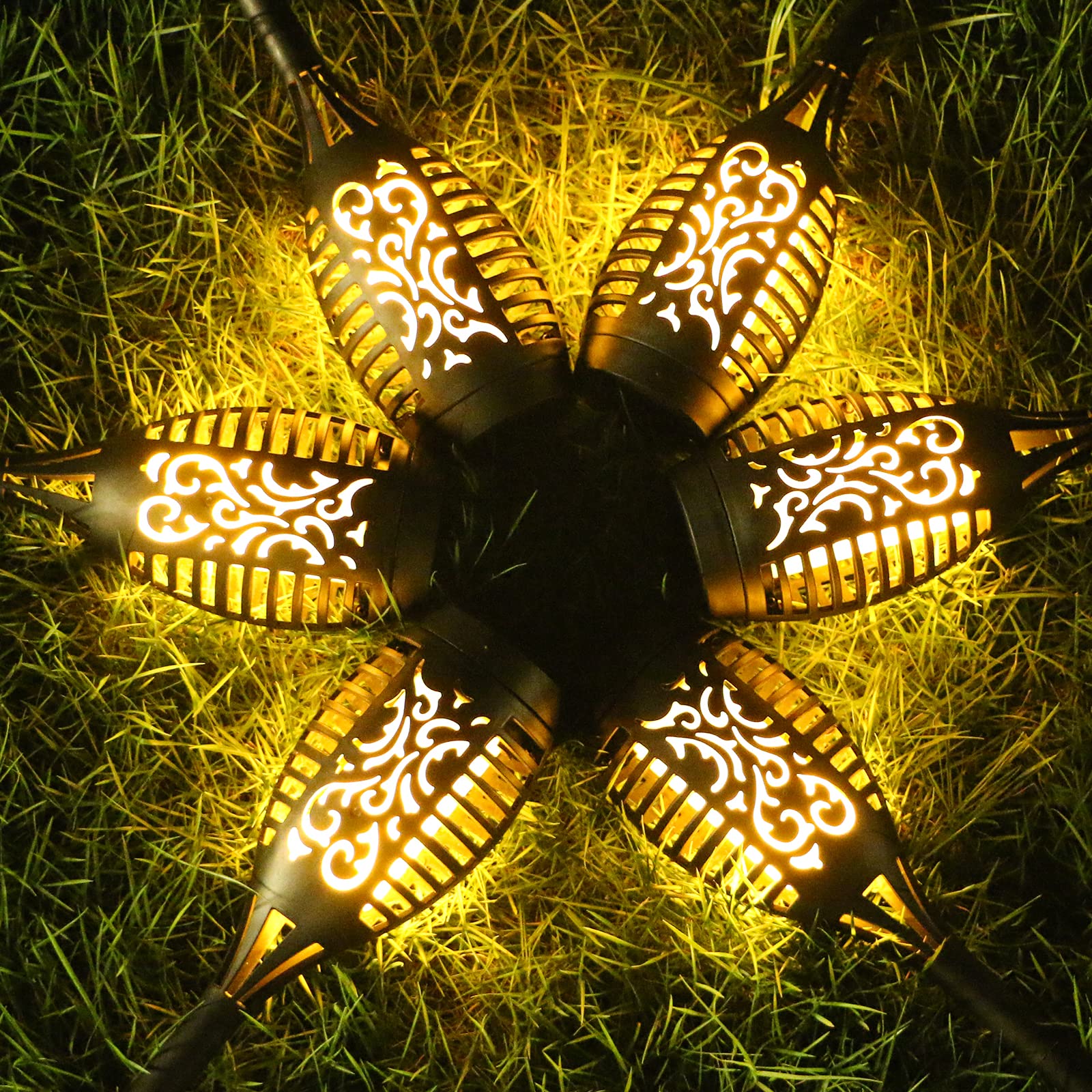 Paquete de 12 luces solares para exteriores, linterna solar con llama parpadeante, iluminación impermeable para exteriores, luces de camino alimentadas por energía solar, iluminación decorativa para