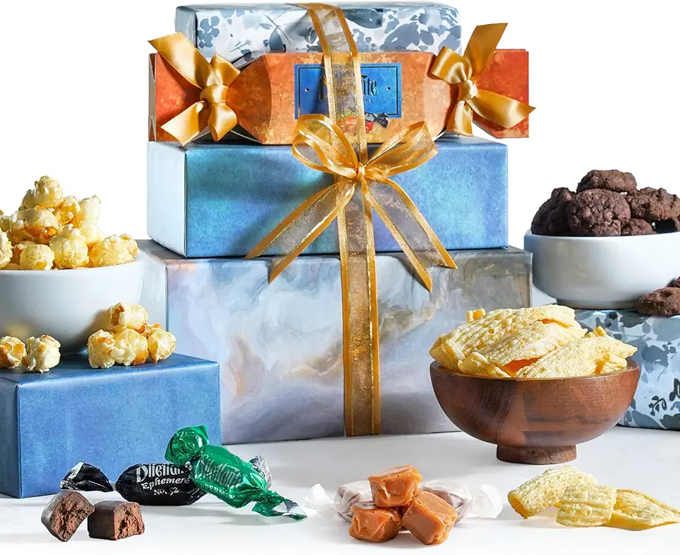 Broadway Basketeers Food Gift Baskets for Holiday Delivery, Men, Women, College Students - Gift With Chocolate Cookies, Popcorn &amp; Candies - Birthday, Thank You, Sympathy or Get Well Christmas Gift