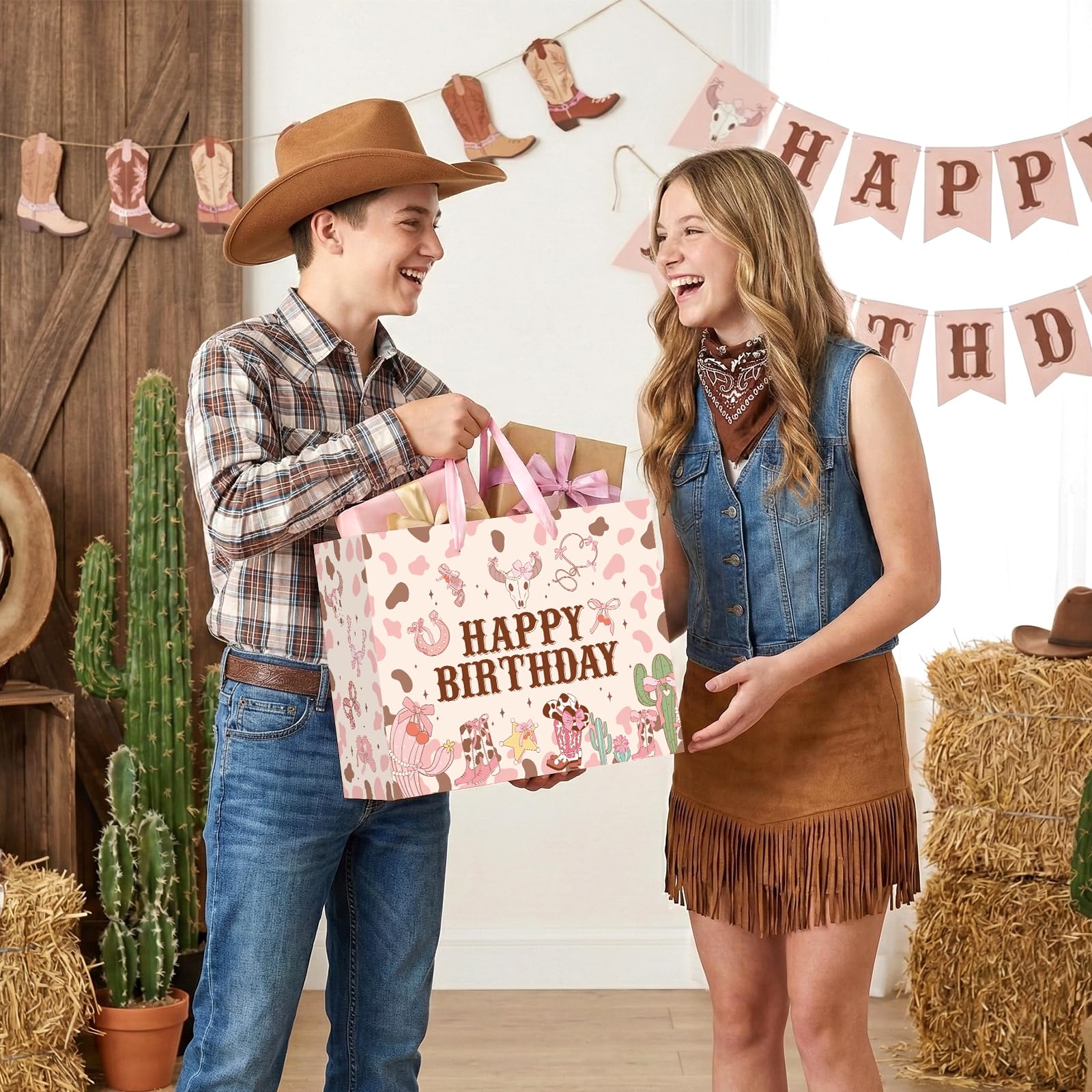 Wauprant Large Cowgirl Birthday Gift Bag for Girls Pink Wild West Western Happy Birthday Gift Bag with Wrapping Paper and Card for Girls First Rodeo Baby Shower Bachelorette Bday Party Supplies