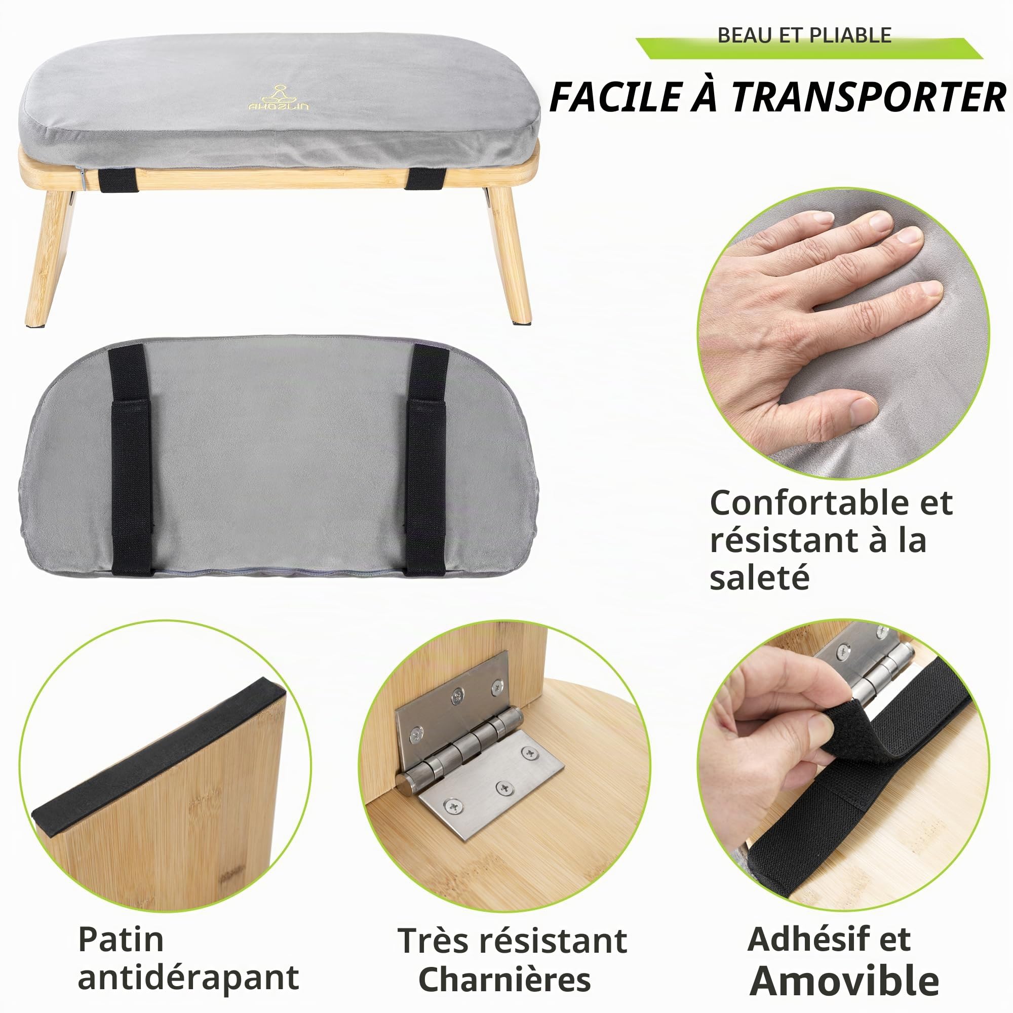 Banc de méditation pliable ergonomique en bambou - Tabouret de méditation avec coussin - Chaise de méditation portable avec sac de transport pour s'agenouiller, prière, pratique avancée - Gris