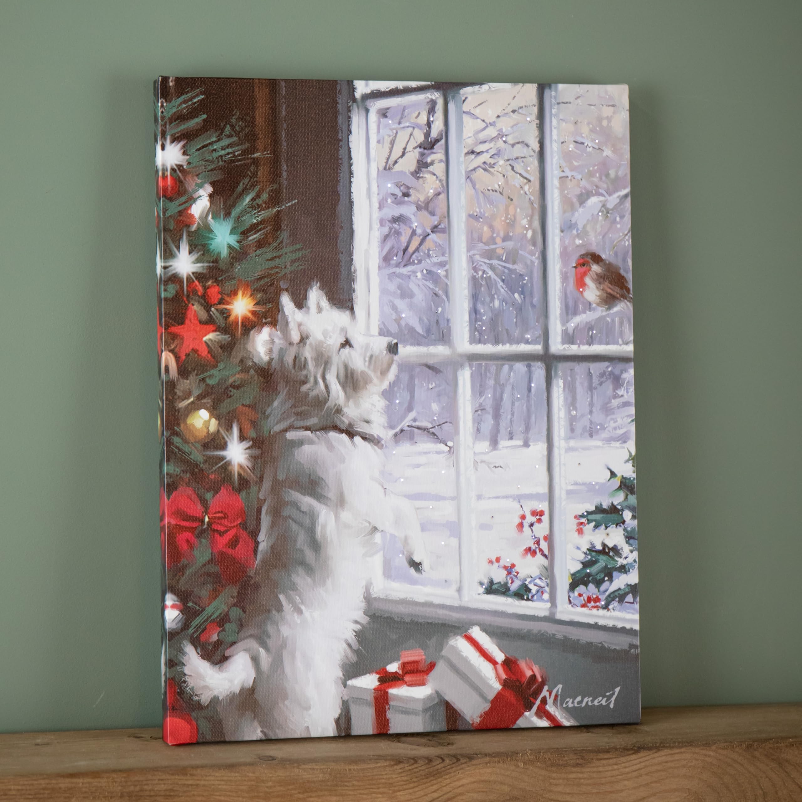 Samuel Alexander - Christmas Wall Art - Light Up Canvas - Dog and Robin Design - 30 x 40cm