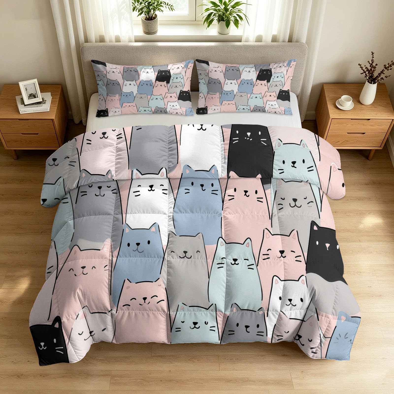 Generisch Edredón calmante de dibujos animados, sin funda, 155 x 220 cm, con cara de gato, hipoalergénico, para todo el año, con 2 fundas de almohada de 80 x 80, reversible, lavable, manta para las 4